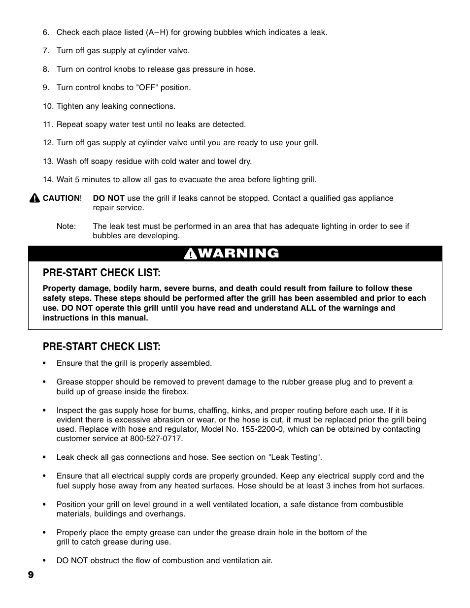 Warning, Pre-start check list | Brinkmann Portable Tailgate Gas Grill User Manual | Page 10 / 52