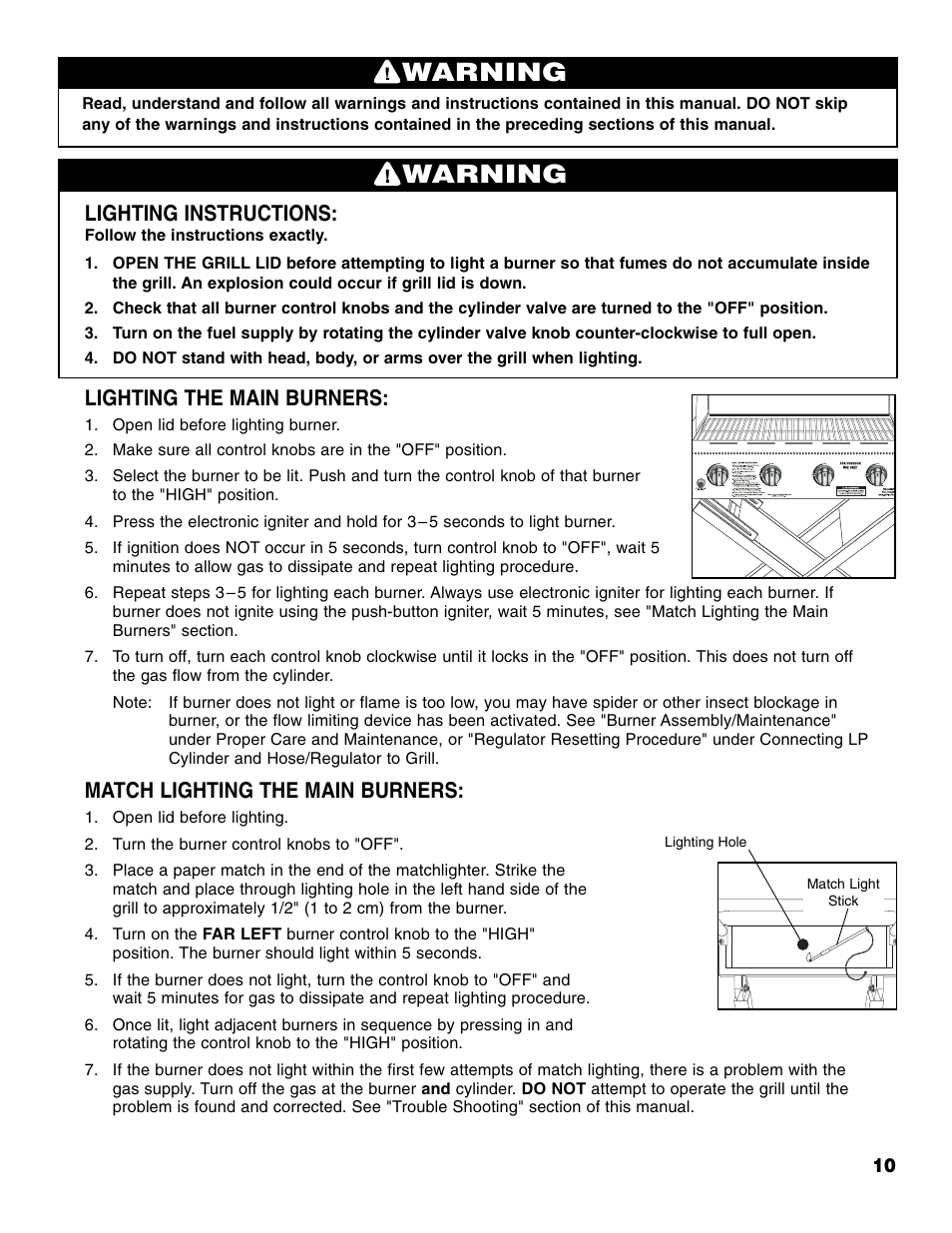 Warning, Lighting instructions, Lighting the main burners | Match lighting the main burners | Brinkmann Portable Tailgate Gas Grill User Manual | Page 11 / 52