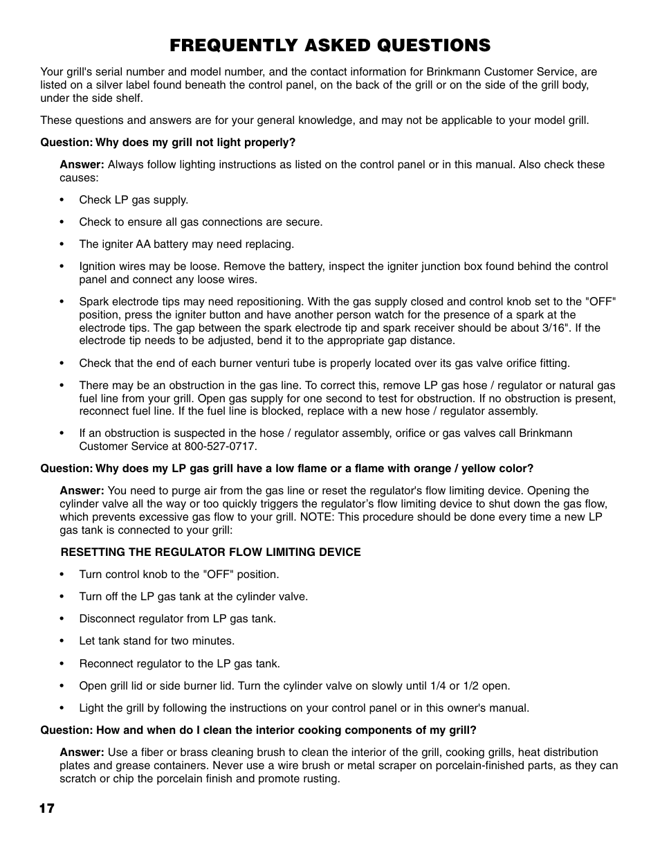 Frequently asked questions | Brinkmann Portable Tailgate Gas Grill User Manual | Page 18 / 52