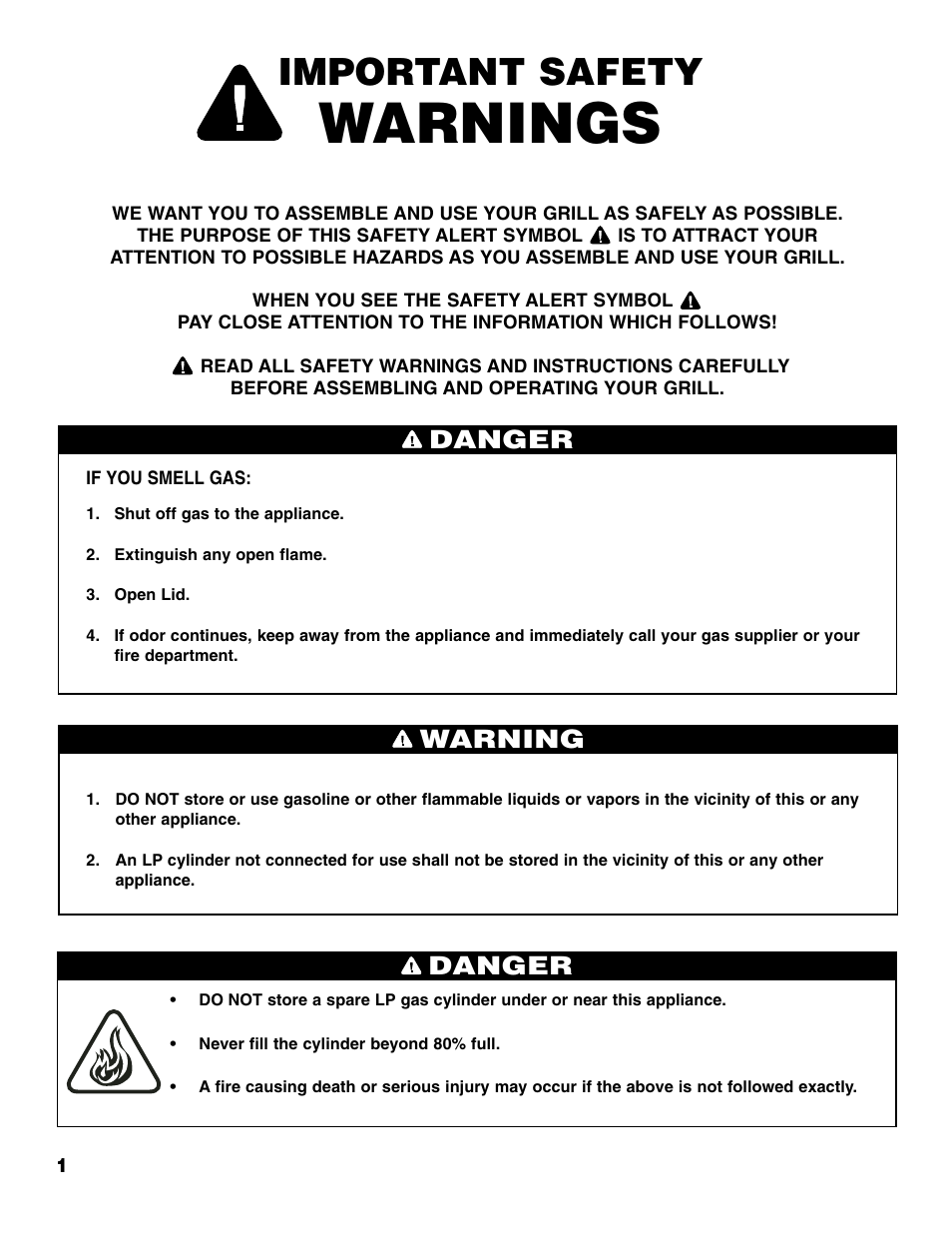 Warnings, Important safety, Danger | Warning danger | Brinkmann Portable Tailgate Gas Grill User Manual | Page 2 / 52