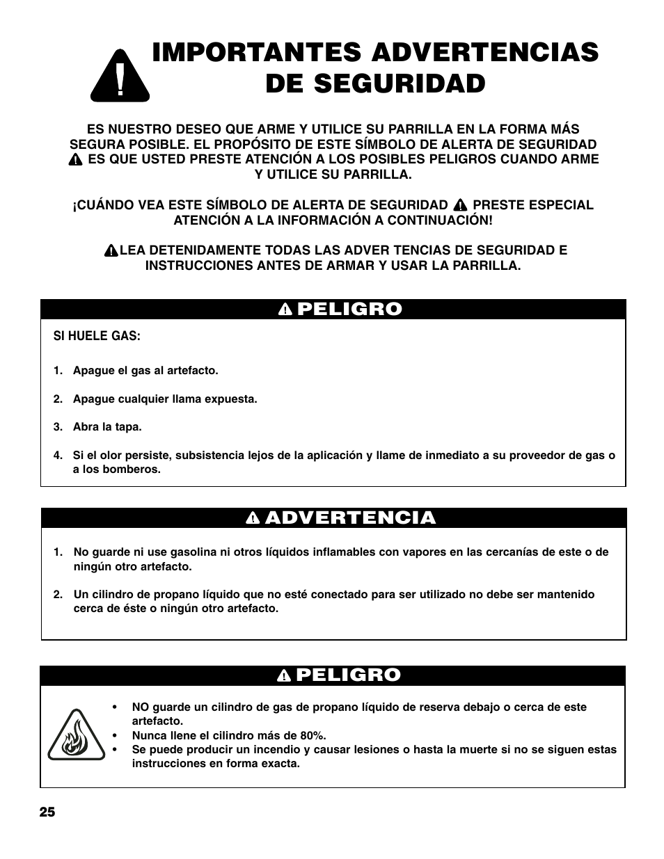 Importantes advertencias de seguridad, Peligro, Advertencia peligro | Brinkmann Portable Tailgate Gas Grill User Manual | Page 26 / 52