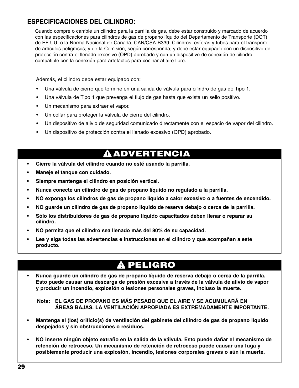 Advertencia peligro, Especificaciones del cilindro | Brinkmann Portable Tailgate Gas Grill User Manual | Page 30 / 52