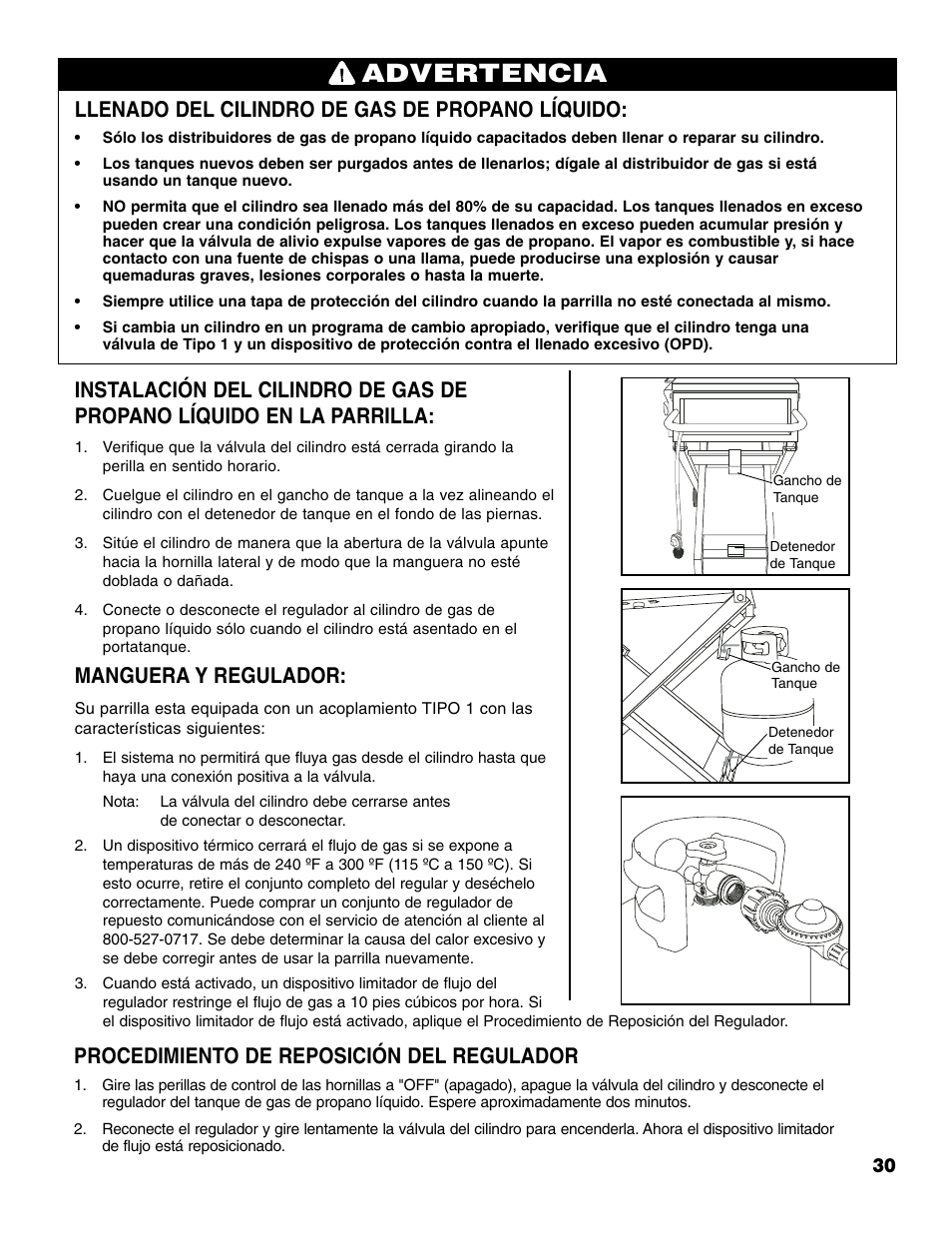 Advertencia, Llenado del cilindro de gas de propano líquido, Manguera y regulador | Procedimiento de reposición del regulador | Brinkmann Portable Tailgate Gas Grill User Manual | Page 31 / 52