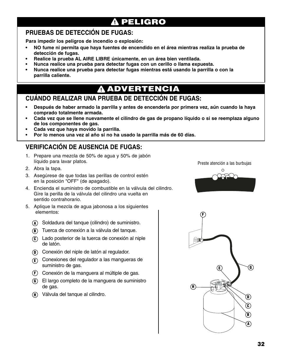 Advertencia peligro, Pruebas de detección de fugas, Cuándo realizar una prueba de detección de fugas | Verificación de ausencia de fugas | Brinkmann Portable Tailgate Gas Grill User Manual | Page 33 / 52