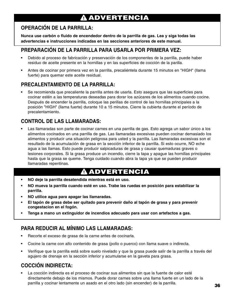 Advertencia, Operación de la parrilla, Precalentamiento de la parrilla | Control de las llamaradas, Para reducir al mínimo las llamaradas, Cocción indirecta | Brinkmann Portable Tailgate Gas Grill User Manual | Page 37 / 52