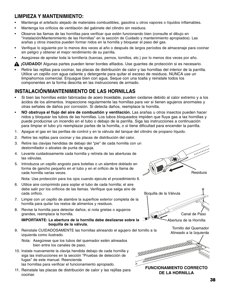 Instalación/mantenimiento de las hornillas, Limpieza y mantenimiento | Brinkmann Portable Tailgate Gas Grill User Manual | Page 39 / 52