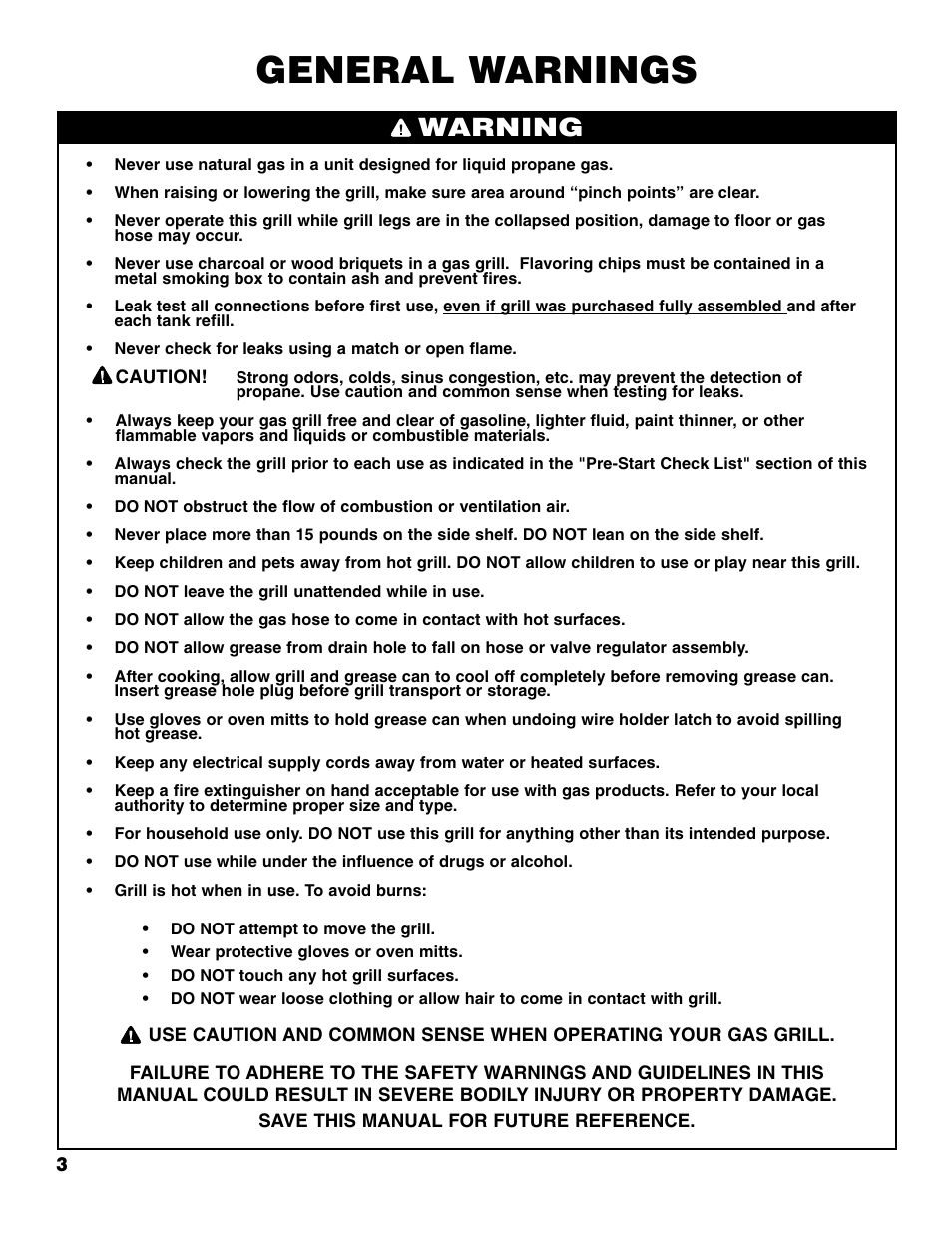 General warnings, Warning | Brinkmann Portable Tailgate Gas Grill User Manual | Page 4 / 52