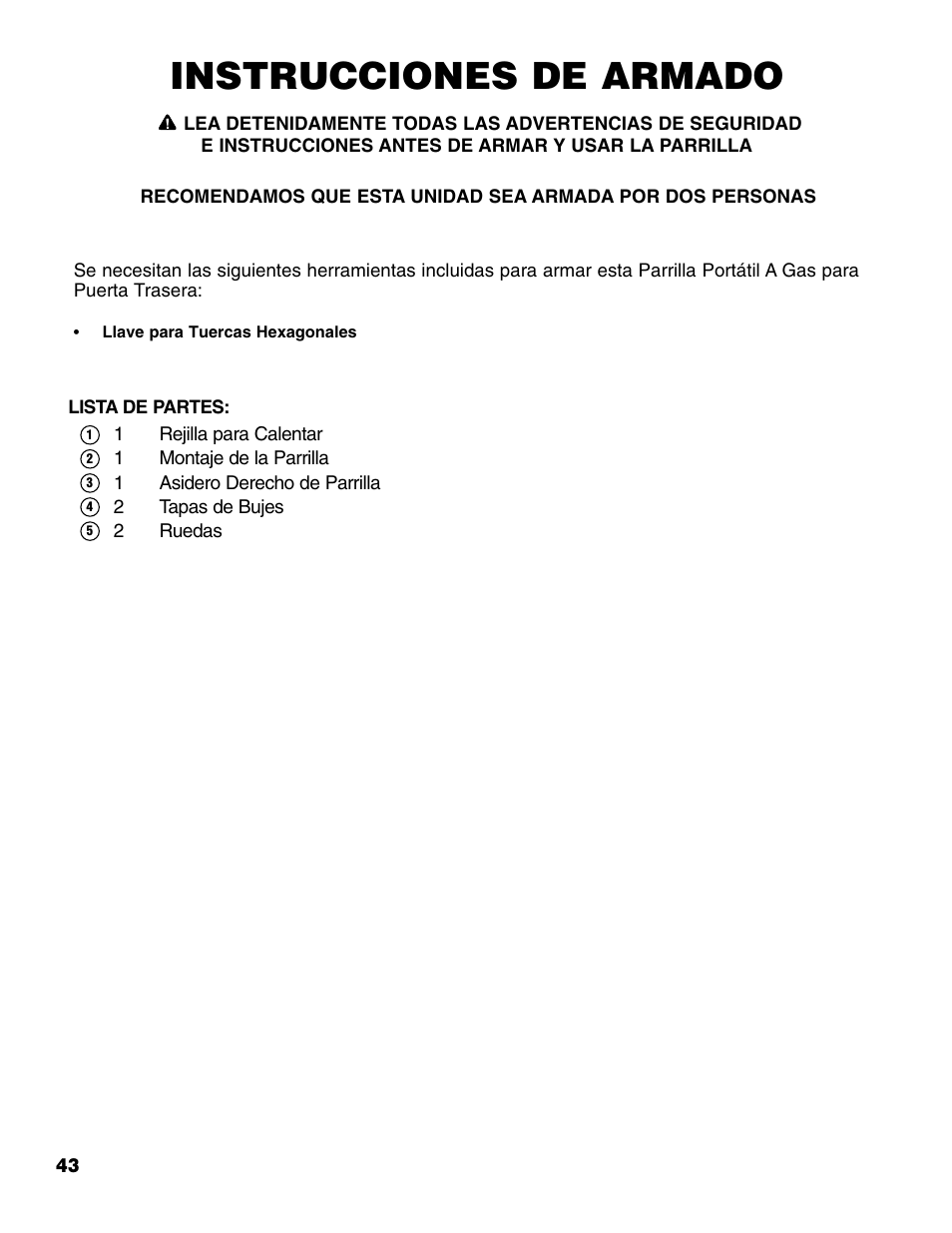 Instrucciones de armado | Brinkmann Portable Tailgate Gas Grill User Manual | Page 44 / 52