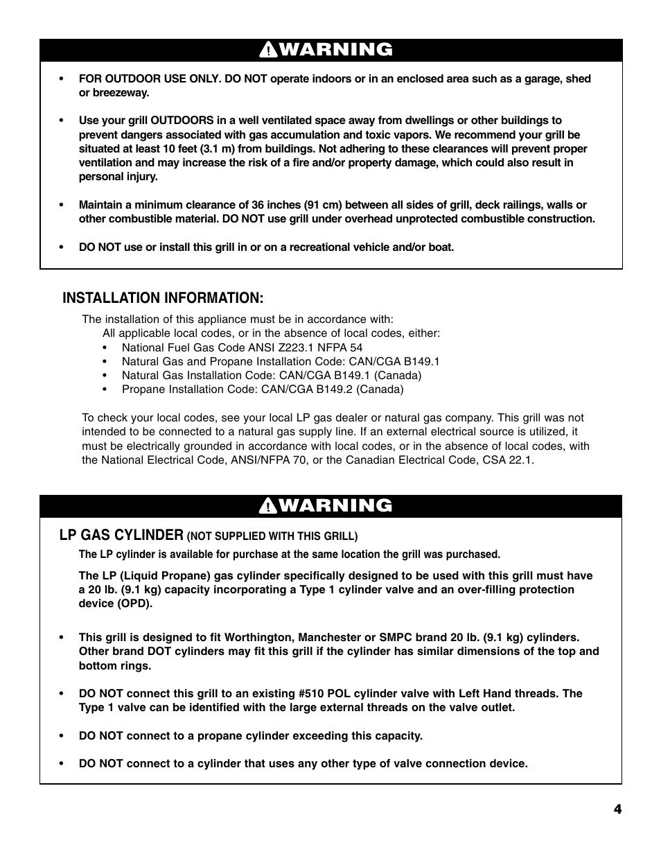 Warning, Lp gas cylinder, Installation information | Brinkmann Portable Tailgate Gas Grill User Manual | Page 5 / 52