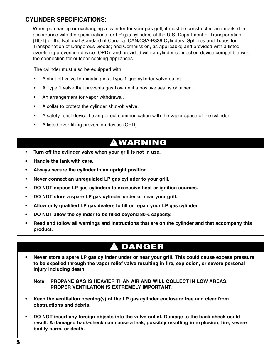 Warning danger, Cylinder specifications | Brinkmann Portable Tailgate Gas Grill User Manual | Page 6 / 52