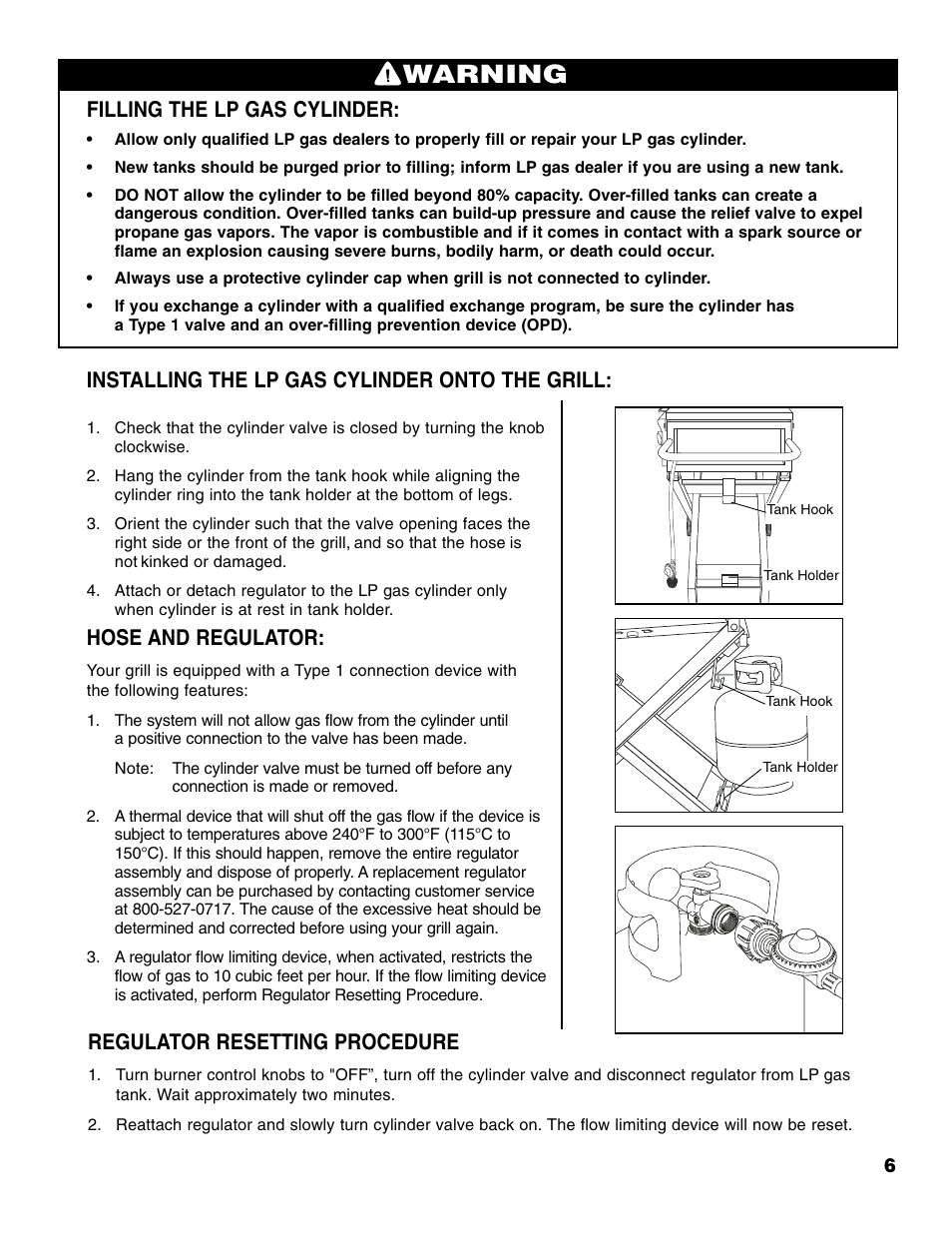 Warning, Filling the lp gas cylinder, Installing the lp gas cylinder onto the grill | Hose and regulator, Regulator resetting procedure | Brinkmann Portable Tailgate Gas Grill User Manual | Page 7 / 52