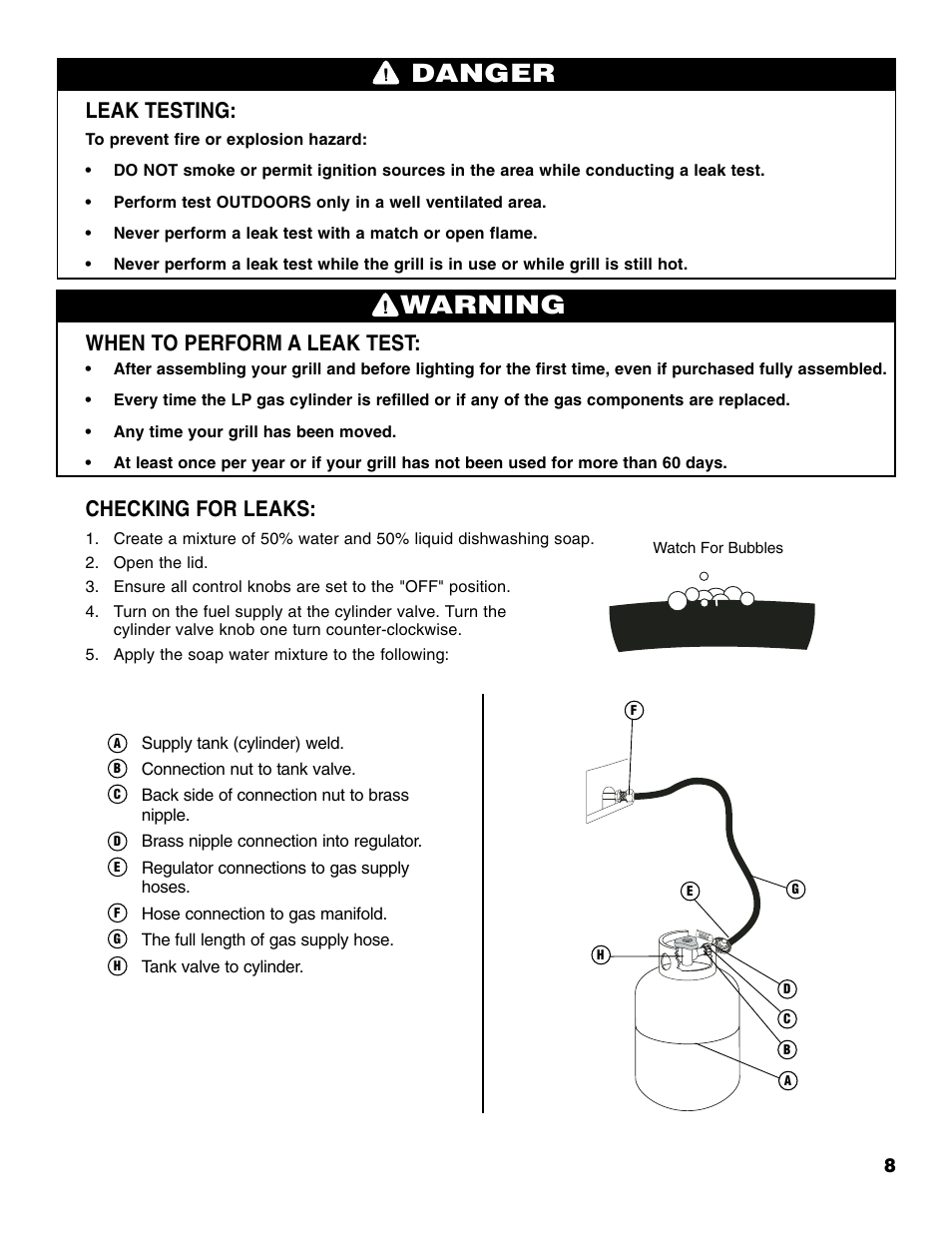 Warning, Danger, Leak testing | When to perform a leak test, Checking for leaks | Brinkmann Portable Tailgate Gas Grill User Manual | Page 9 / 52