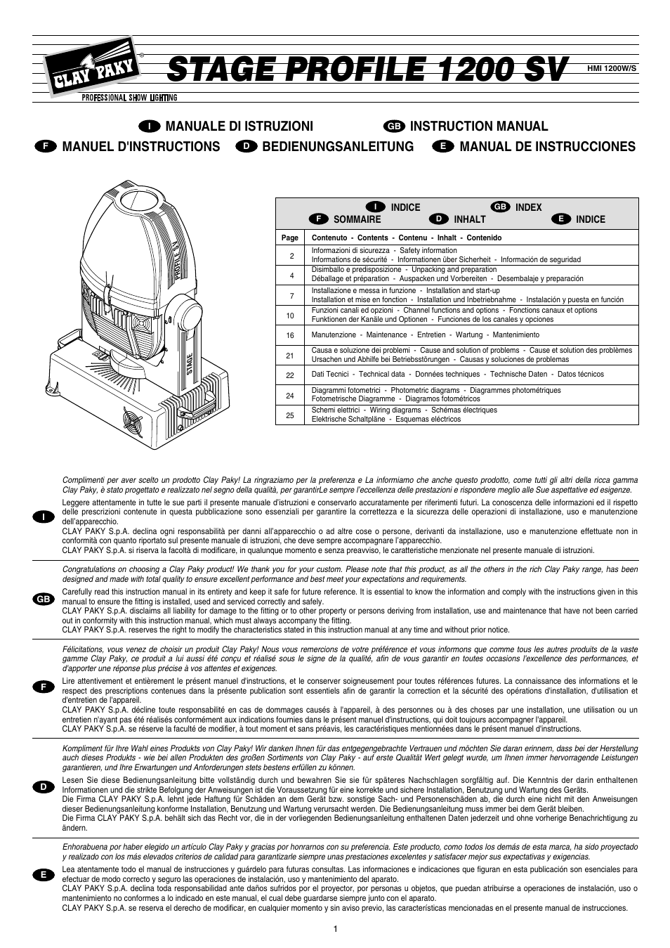 Clay Paky STAGE PROFILE 1200 SV (HMI 1200W/S) User Manual | 18 pages