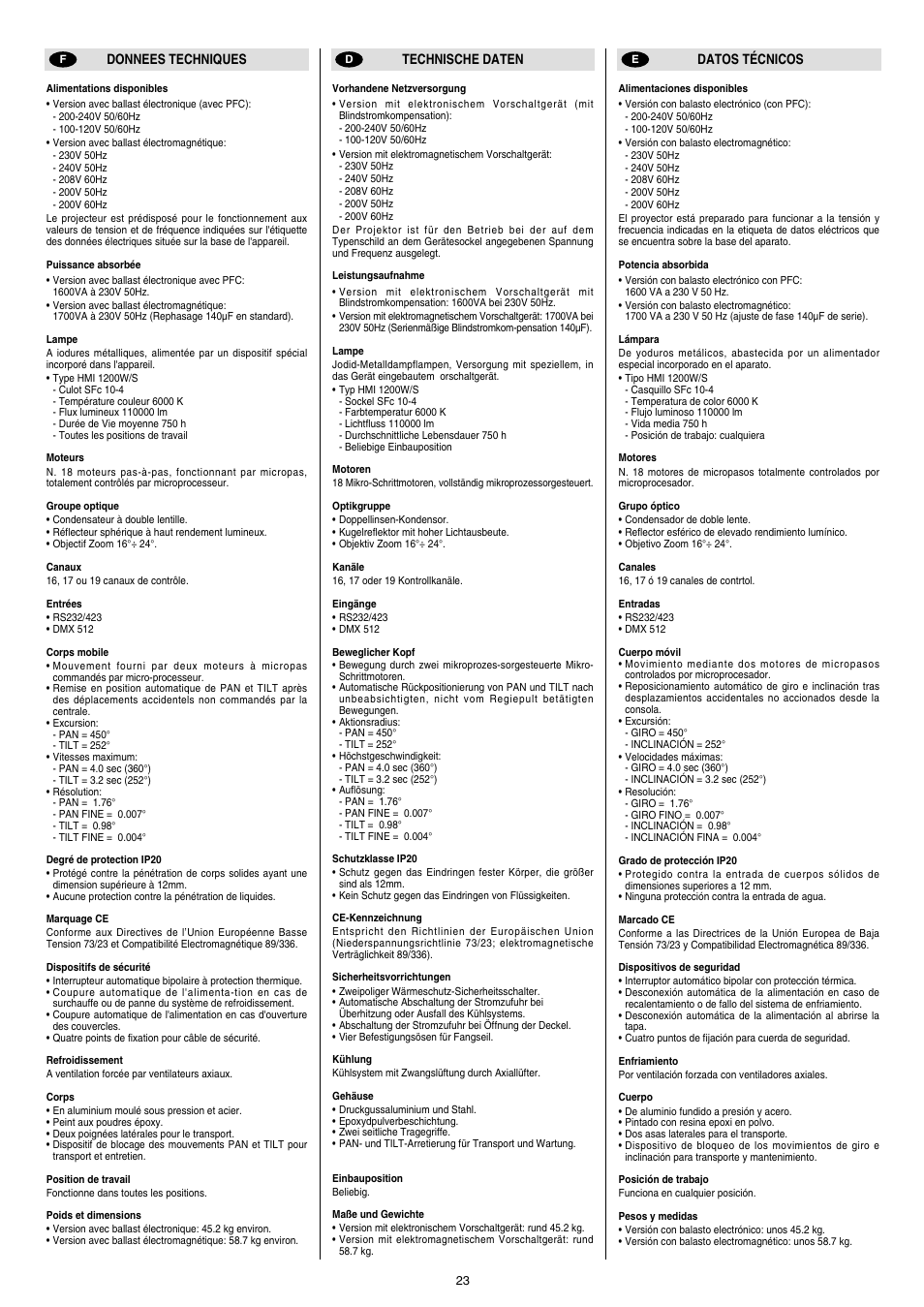 Clay Paky STAGE PROFILE 1200 SV (HMI 1200W/S) User Manual | Page 17 / 18