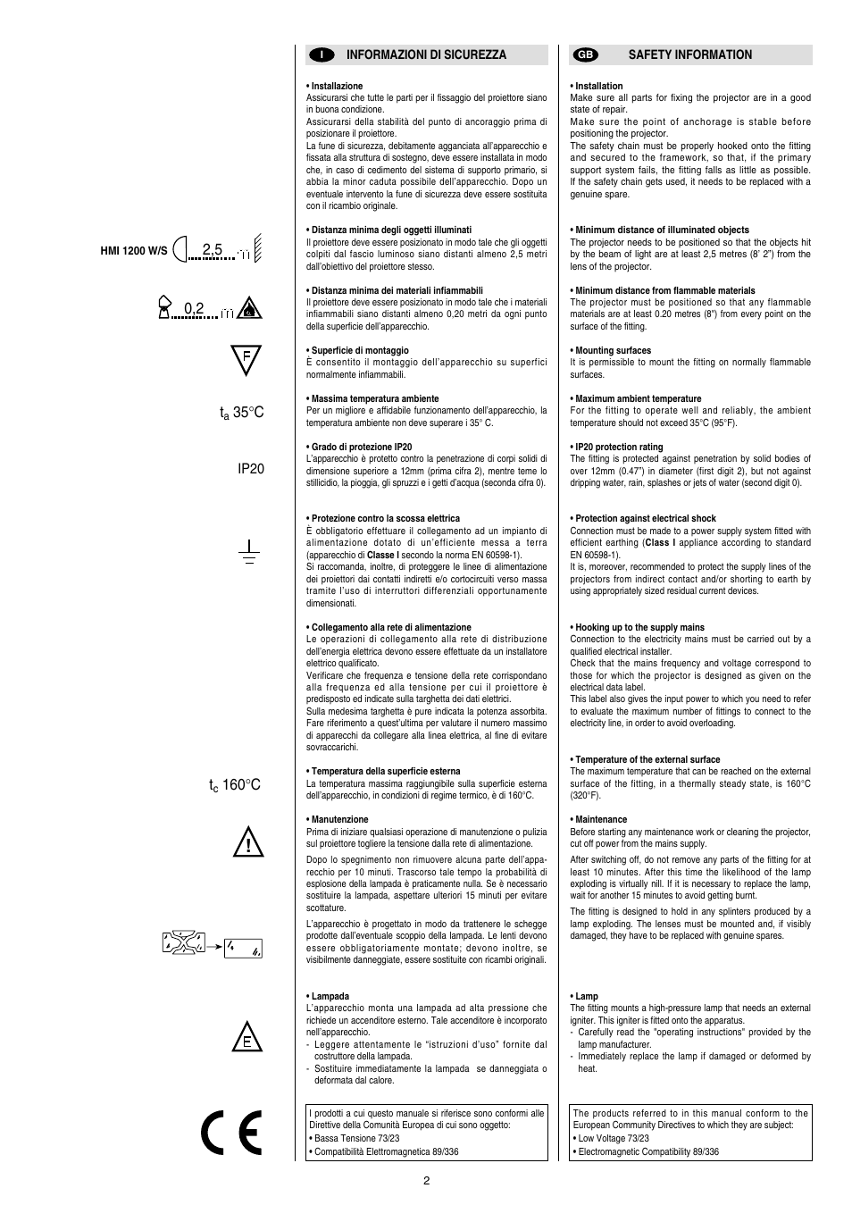 0,2 t, 35 ° c t, 160 ° c | Clay Paky STAGE PROFILE 1200 SV (HMI 1200W/S) User Manual | Page 2 / 18