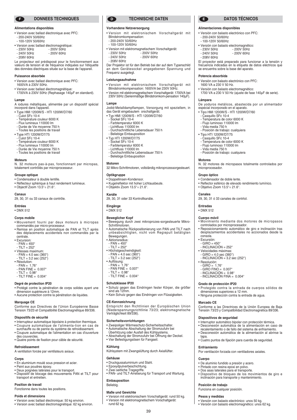 Clay Paky STAGE PROFILE PLUS SV AE (C61049) User Manual | Page 39 / 40
