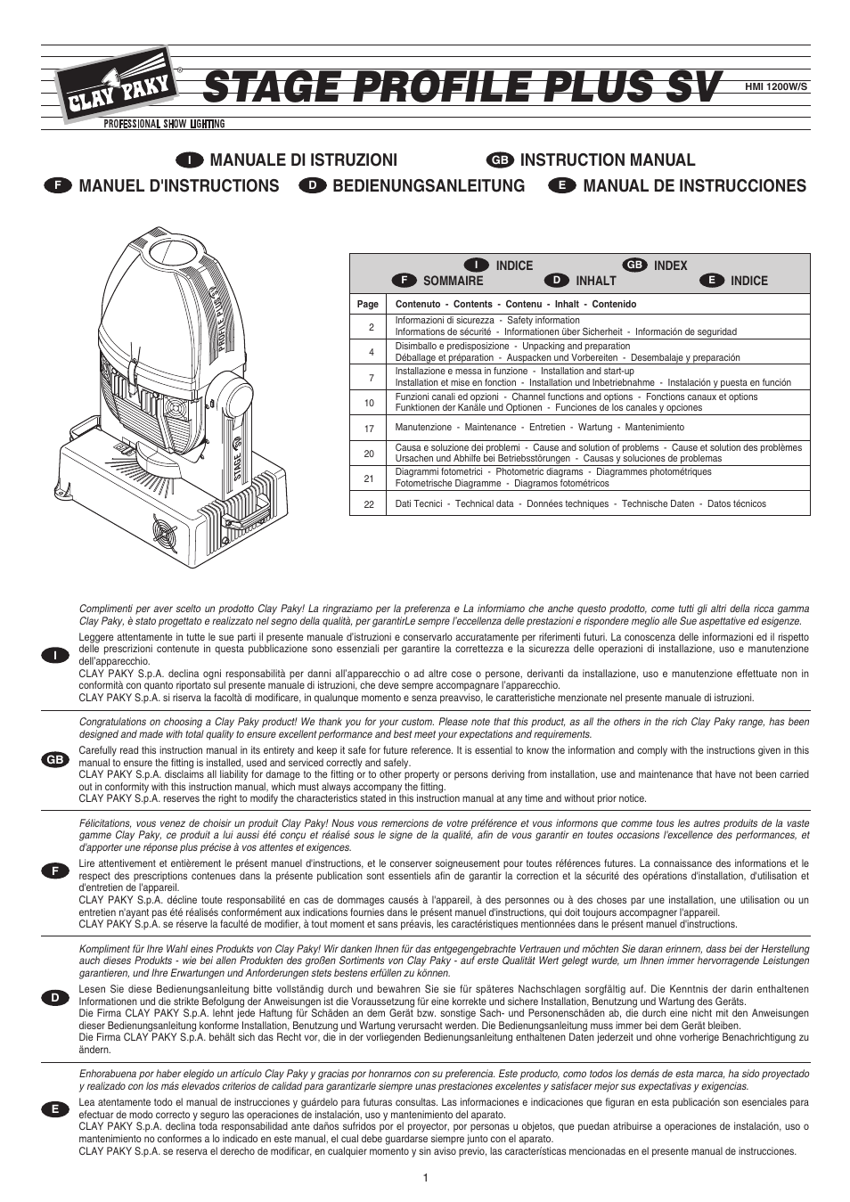 Clay Paky STAGE PROFILE PLUS SV (HMI 1200W/S) User Manual | 24 pages
