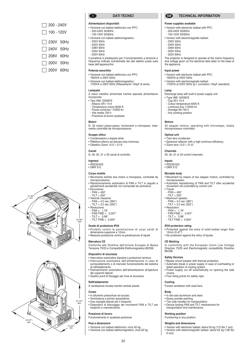 Dati tecnici technical information | Clay Paky STAGE PROFILE PLUS SV (HMI 1200W/S) User Manual | Page 22 / 24