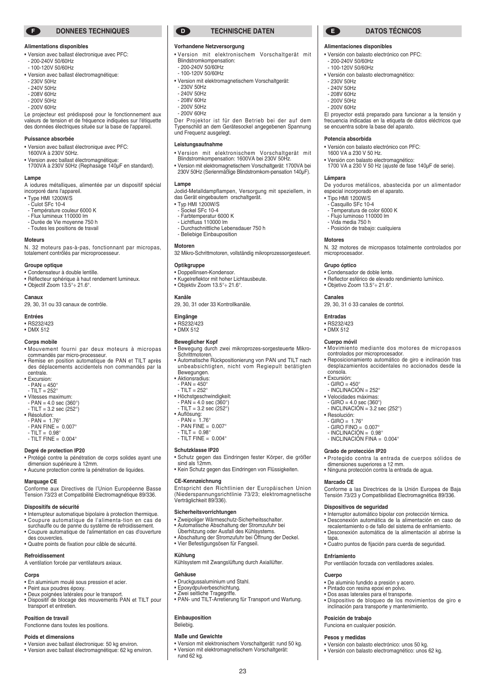 Clay Paky STAGE PROFILE PLUS SV (HMI 1200W/S) User Manual | Page 23 / 24