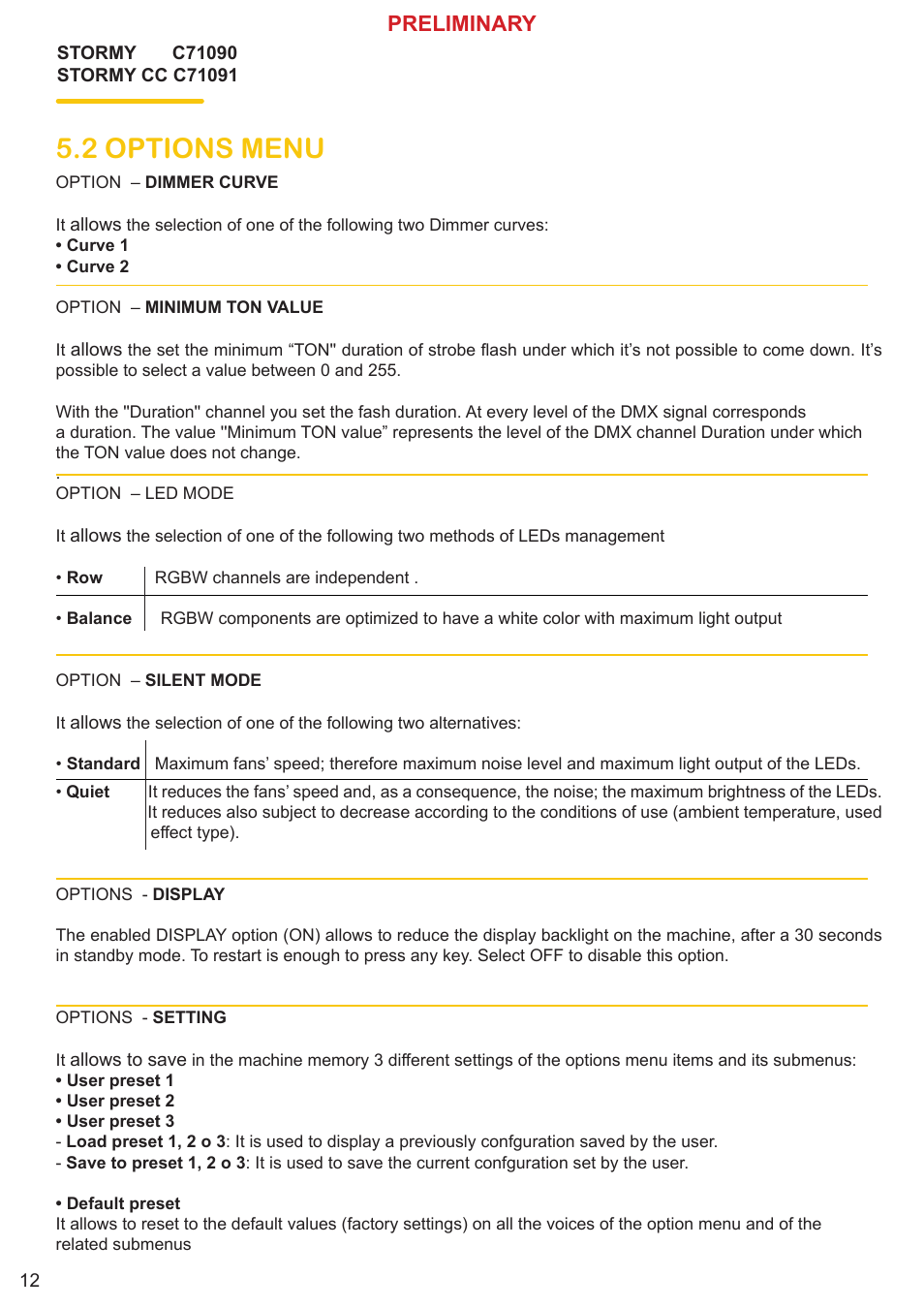 2 options menu, Preliminary | Clay Paky STORMY CC User Manual | Page 12 / 24