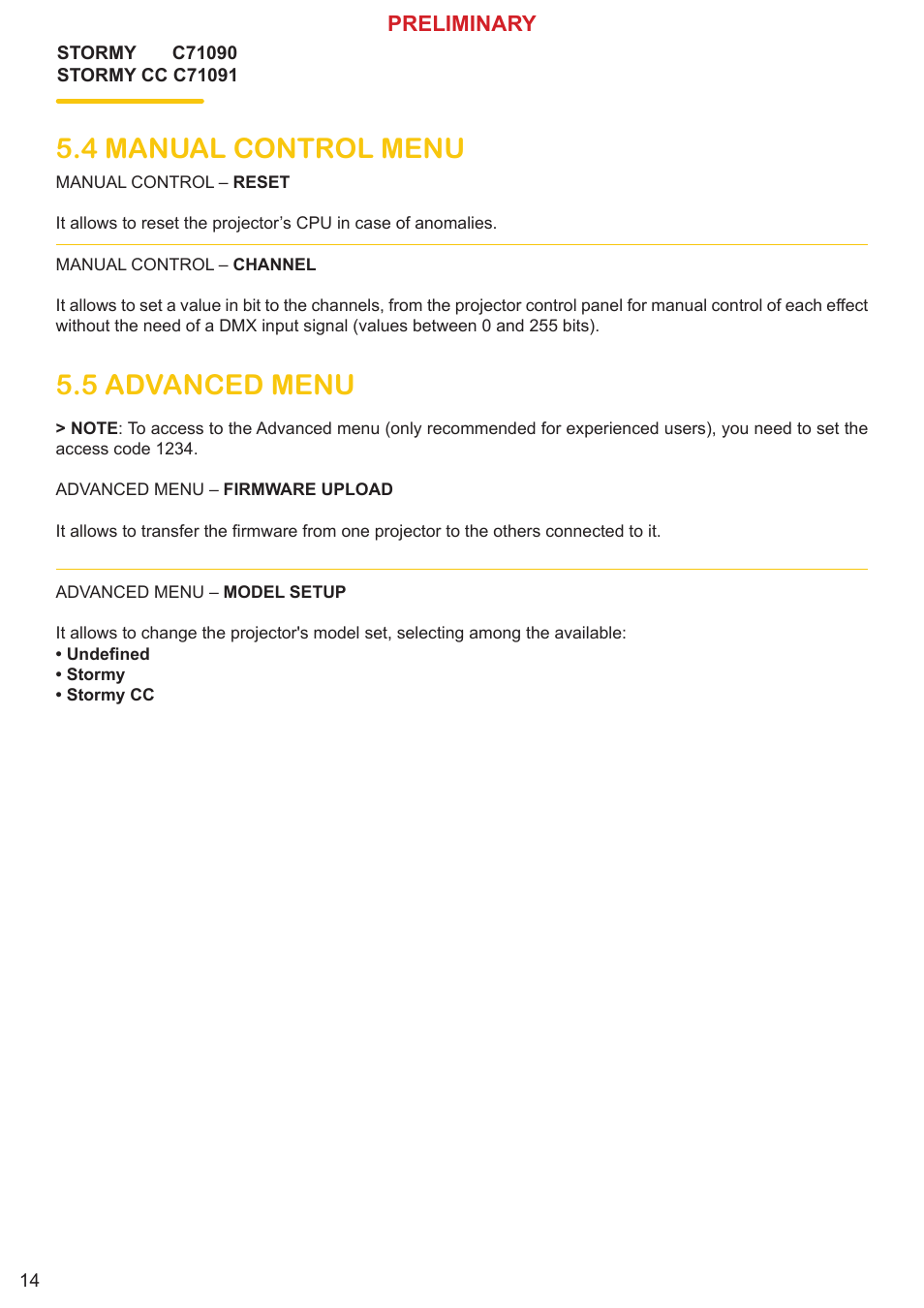 4 manual control menu 5.5 advanced menu, Preliminary | Clay Paky STORMY CC User Manual | Page 14 / 24