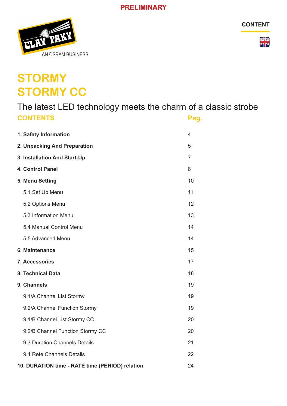 Stormy stormy cc, Contents pag. preliminary preliminary | Clay Paky STORMY CC User Manual | Page 3 / 24