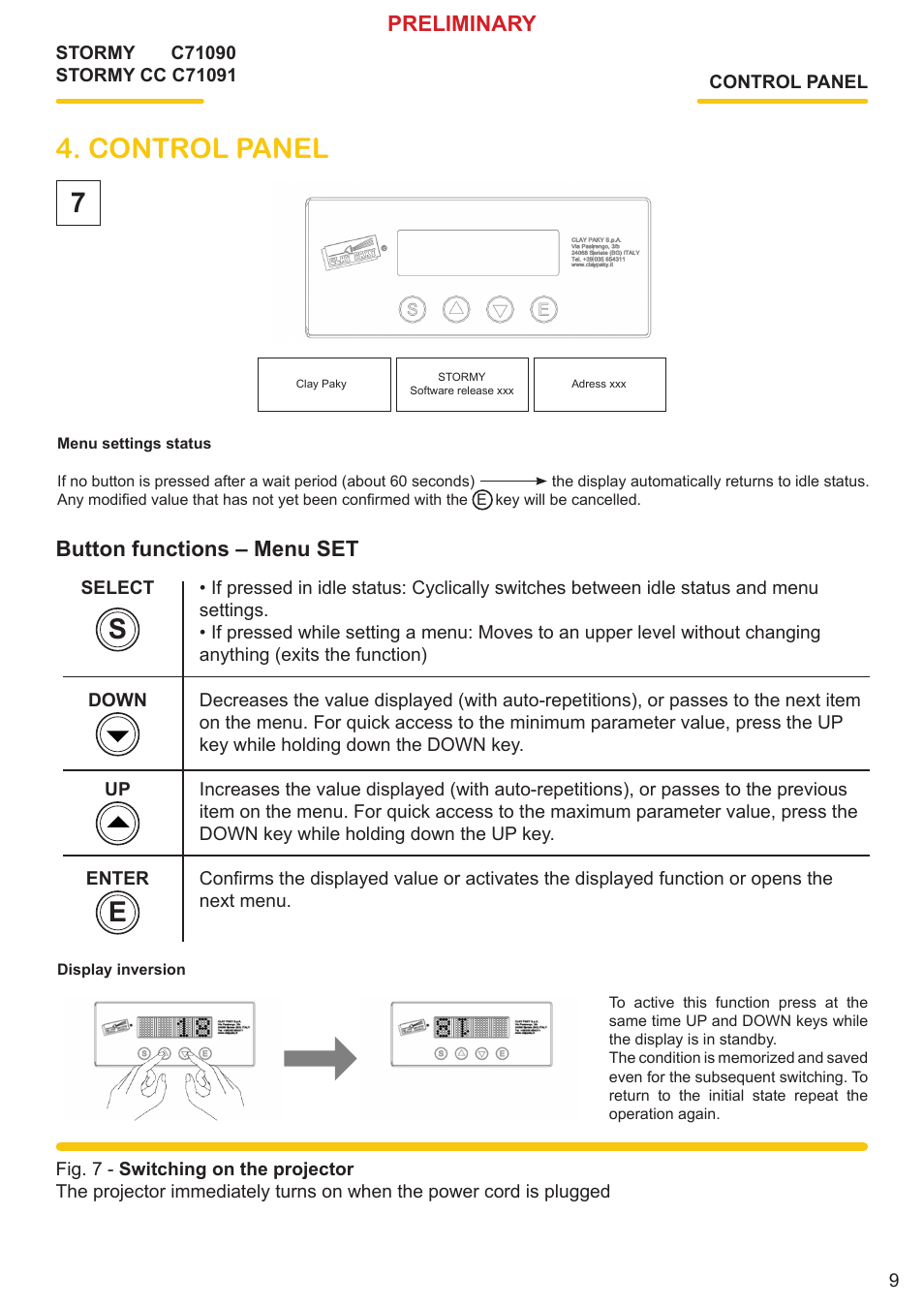 Control panel, Preliminary, Button functions – menu set | Clay Paky STORMY CC User Manual | Page 9 / 24