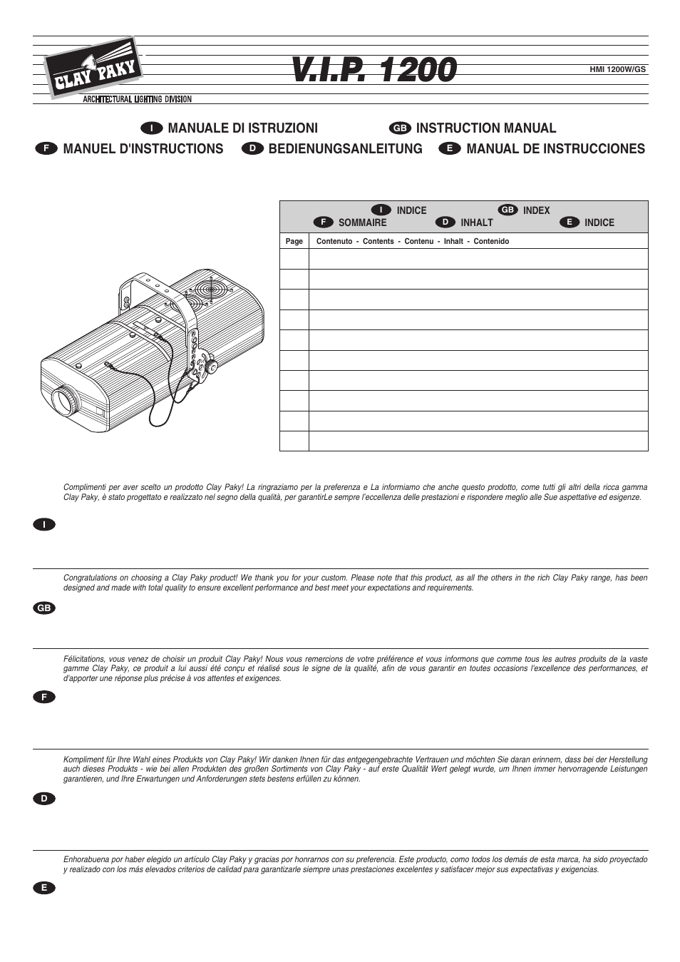 Clay Paky V.I.P. 1200 (HMI 1200W/GS) User Manual | 14 pages