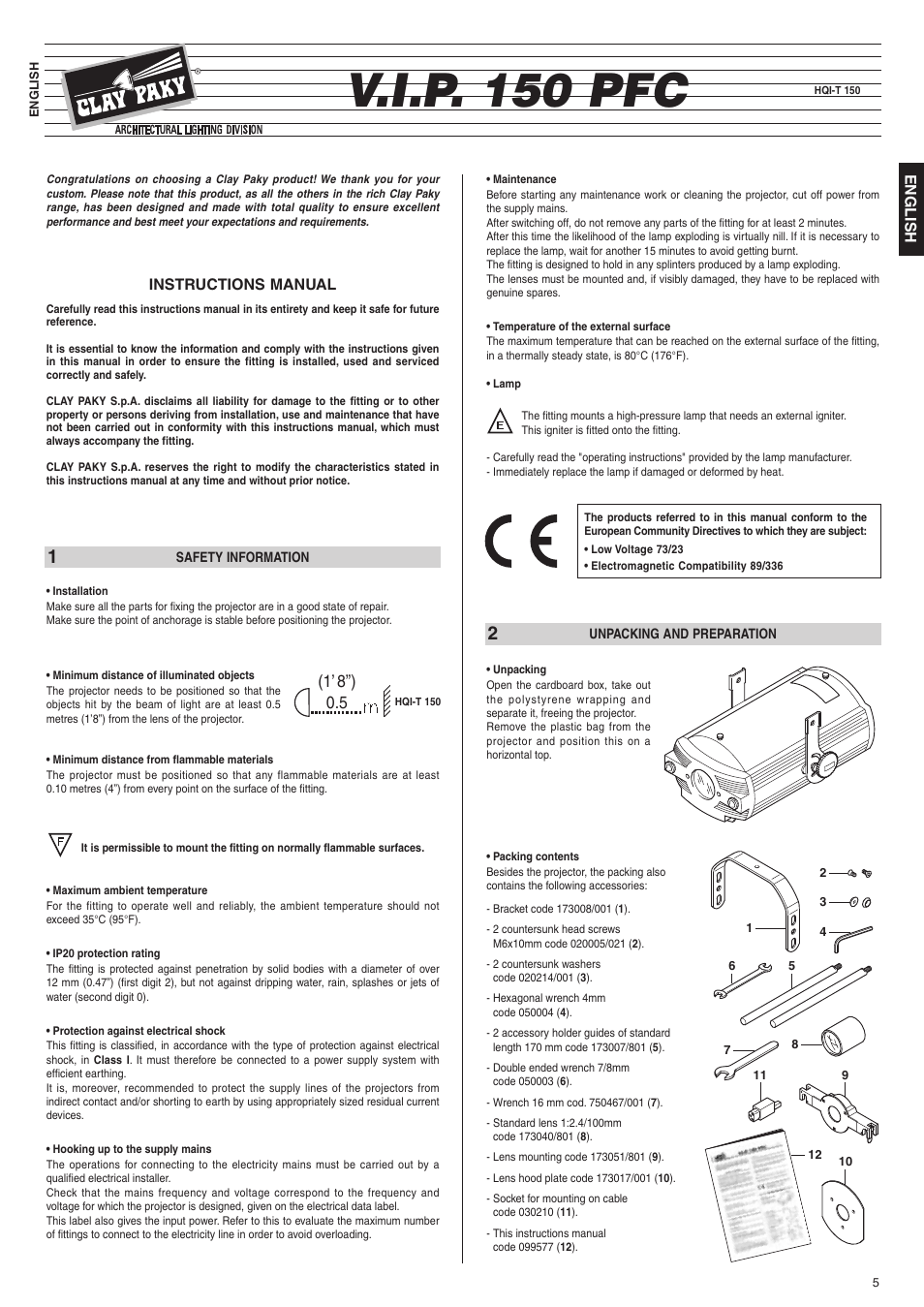 Clay Paky V.I.P. 150 PFC (HQI-T 150) User Manual | 4 pages