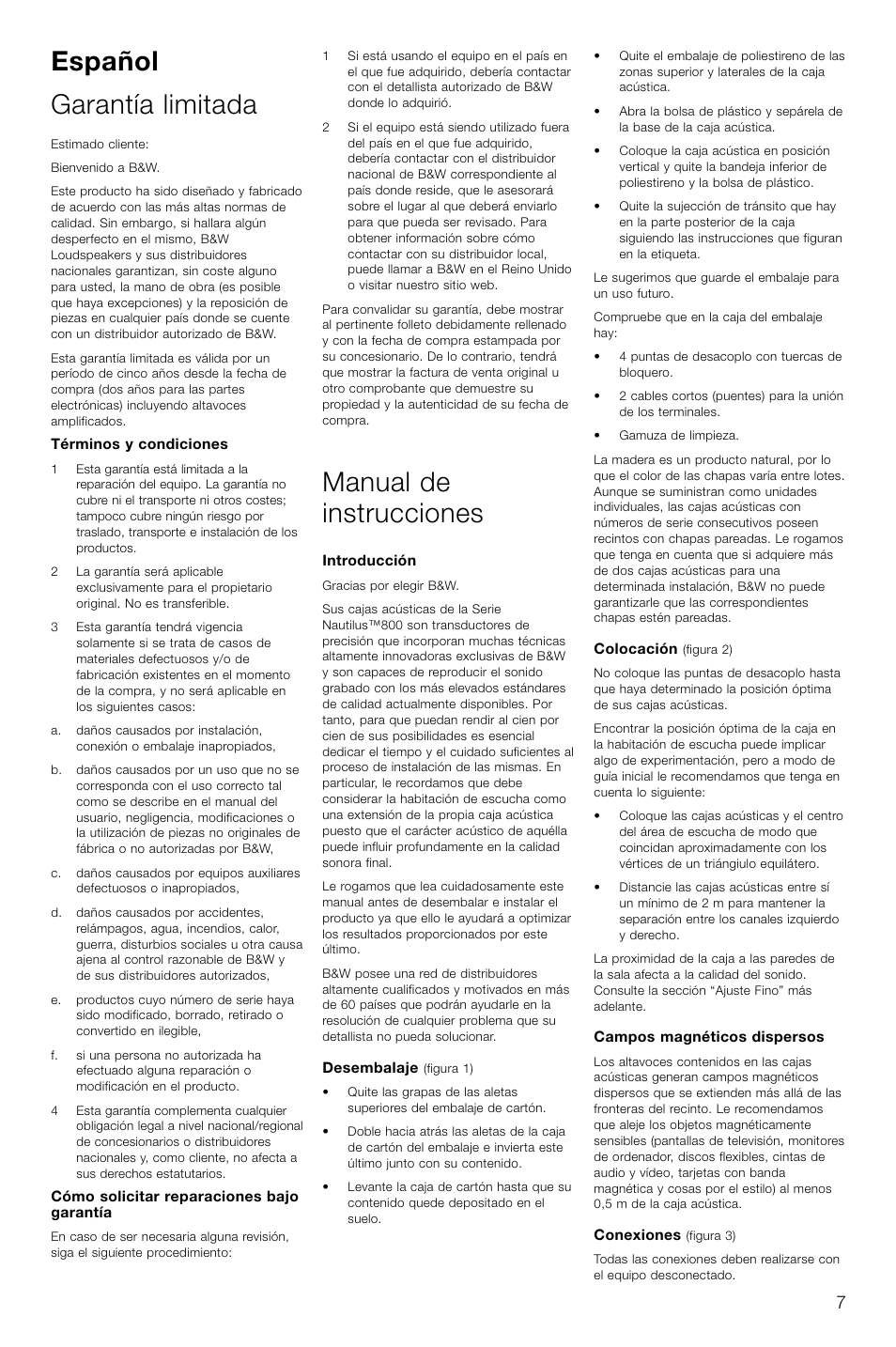 Español garantía limitada, Manual de instrucciones | Bowers & Wilkins 804 User Manual | Page 10 / 32