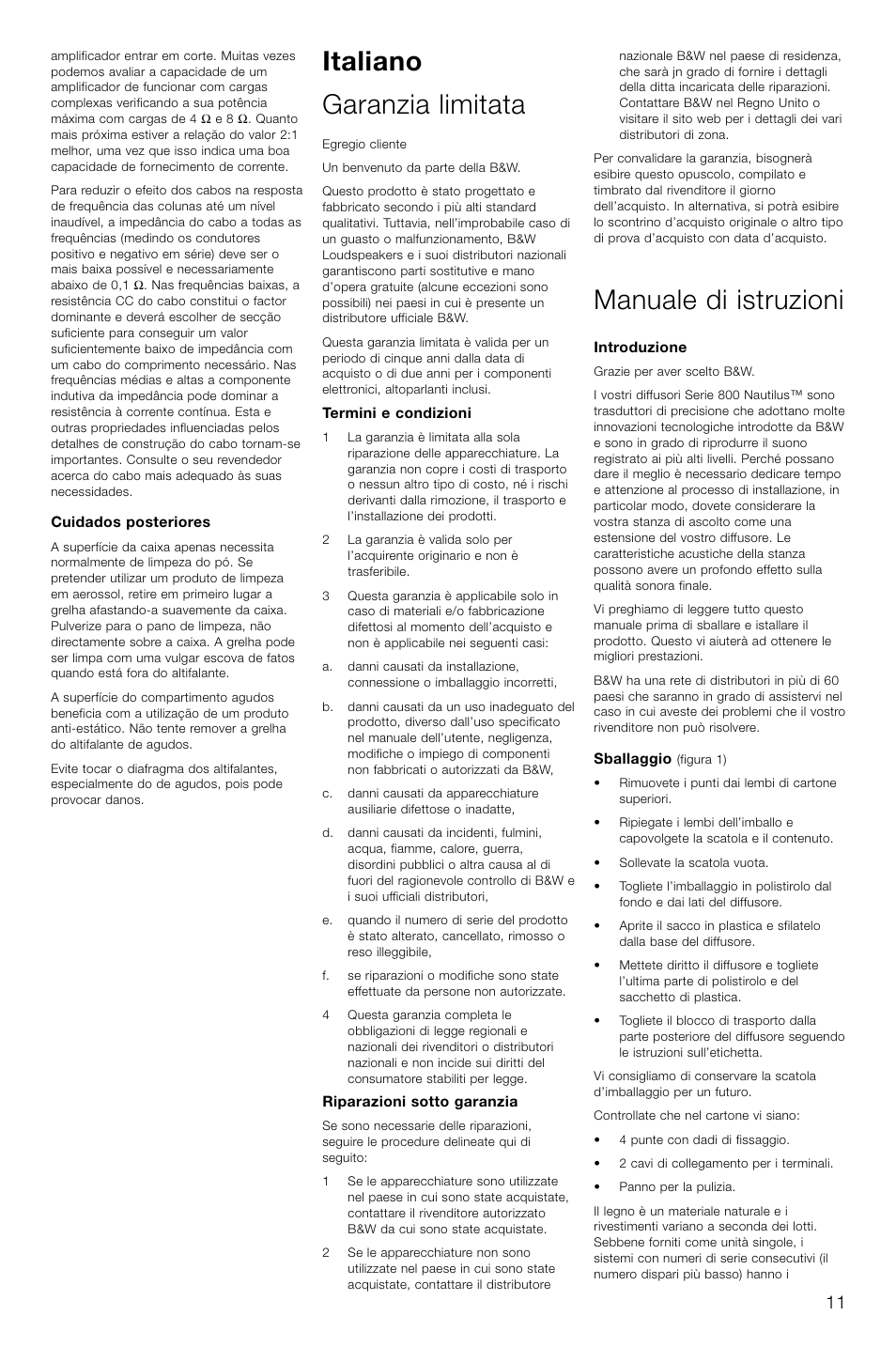 Italiano garanzia limitata, Manuale di istruzioni | Bowers & Wilkins 804 User Manual | Page 14 / 32