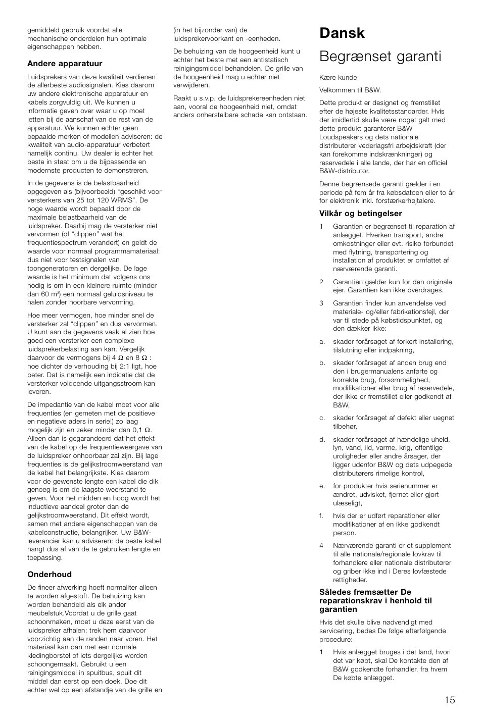 Dansk begrænset garanti | Bowers & Wilkins 804 User Manual | Page 18 / 32