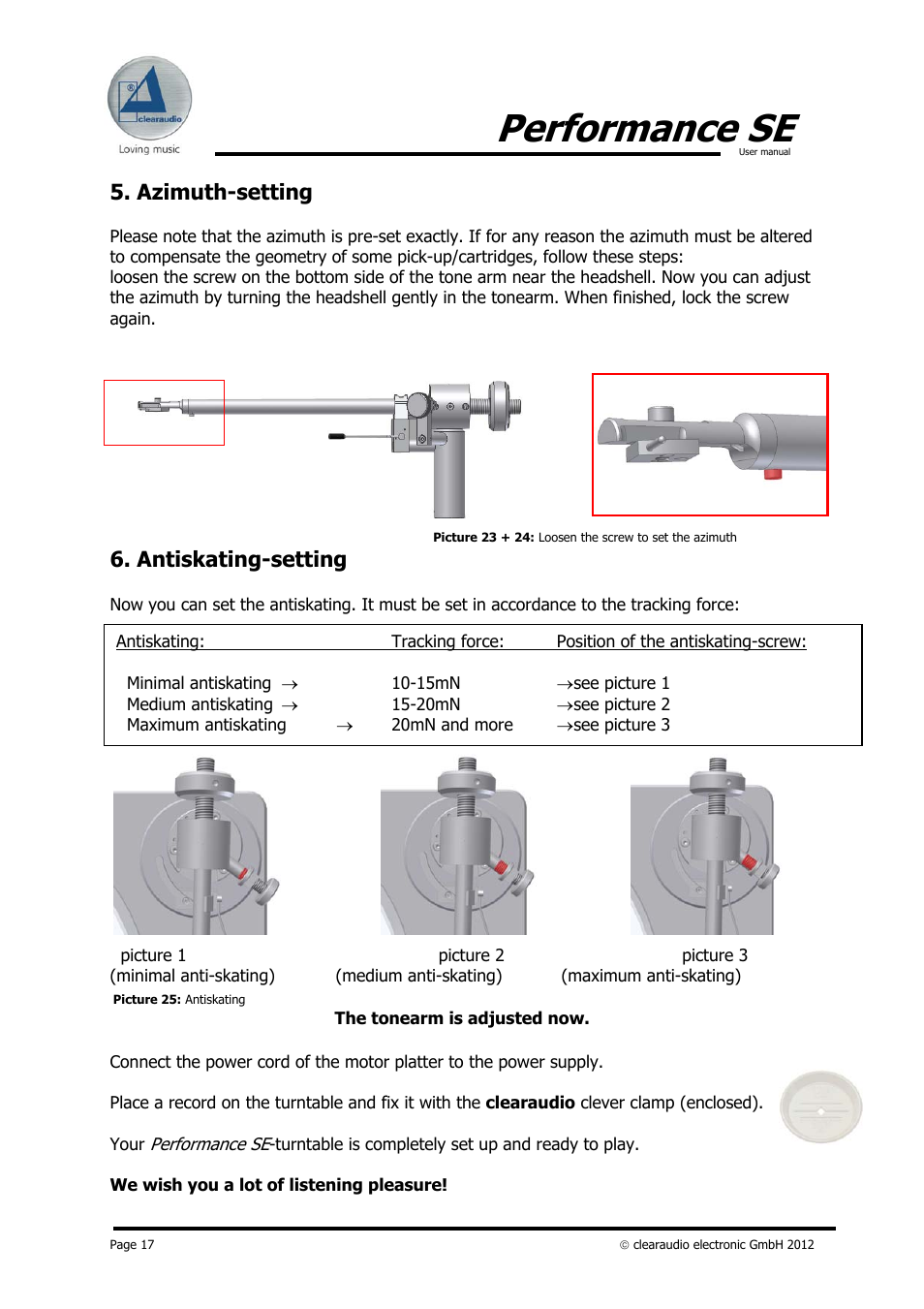 Performance se, Azimuth-setting, Antiskating-setting | Clearaudio PERFORMANCE SE User Manual | Page 17 / 21