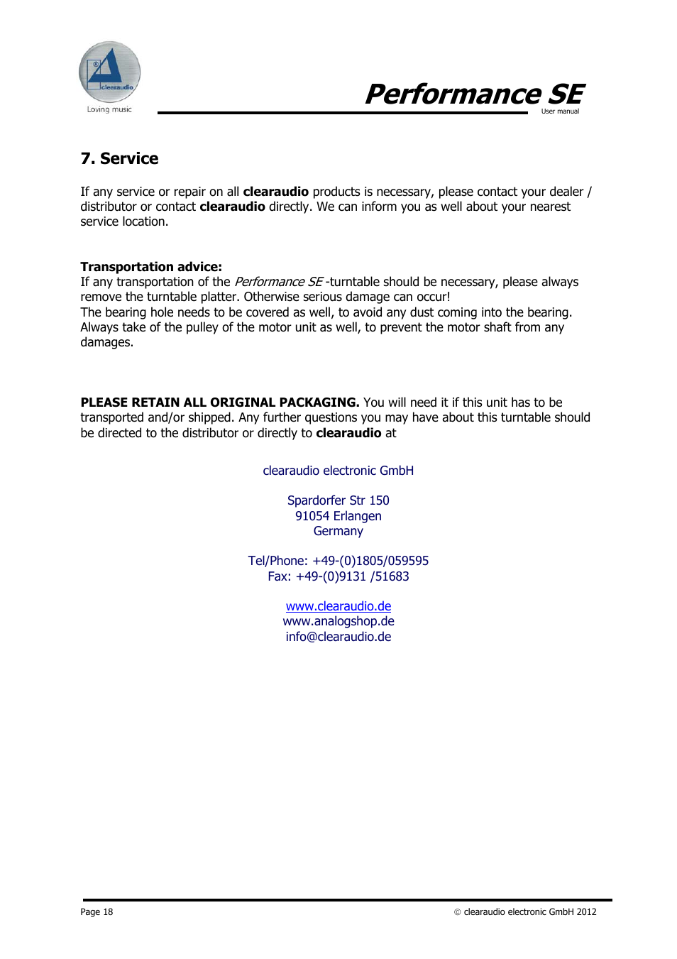 Performance se, Service | Clearaudio PERFORMANCE SE User Manual | Page 18 / 21