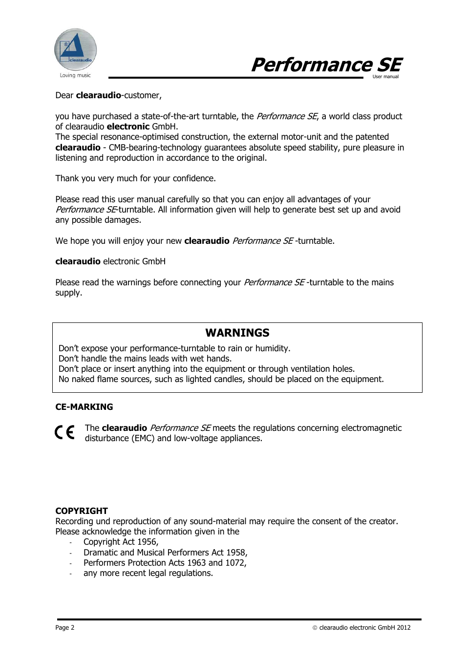 Performance se, Warnings | Clearaudio PERFORMANCE SE User Manual | Page 2 / 21