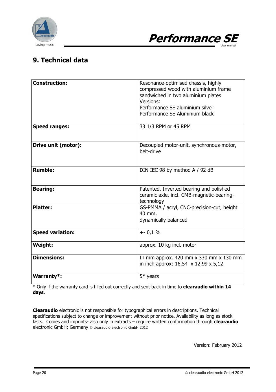 Performance se, Technical data | Clearaudio PERFORMANCE SE User Manual | Page 20 / 21