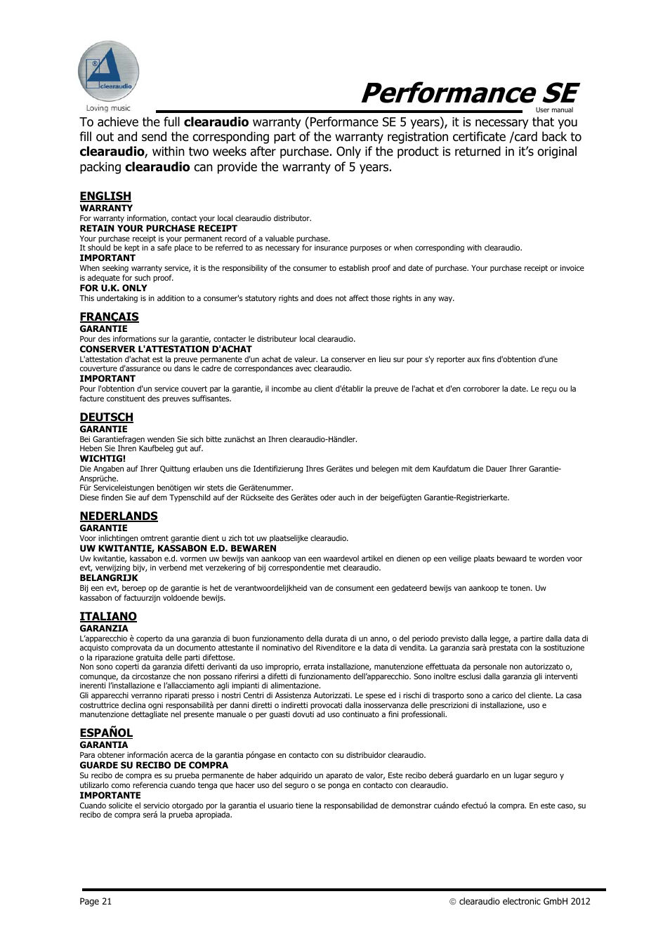 Performance se, English, Français | Deutsch, Nederlands, Italiano, Español | Clearaudio PERFORMANCE SE User Manual | Page 21 / 21