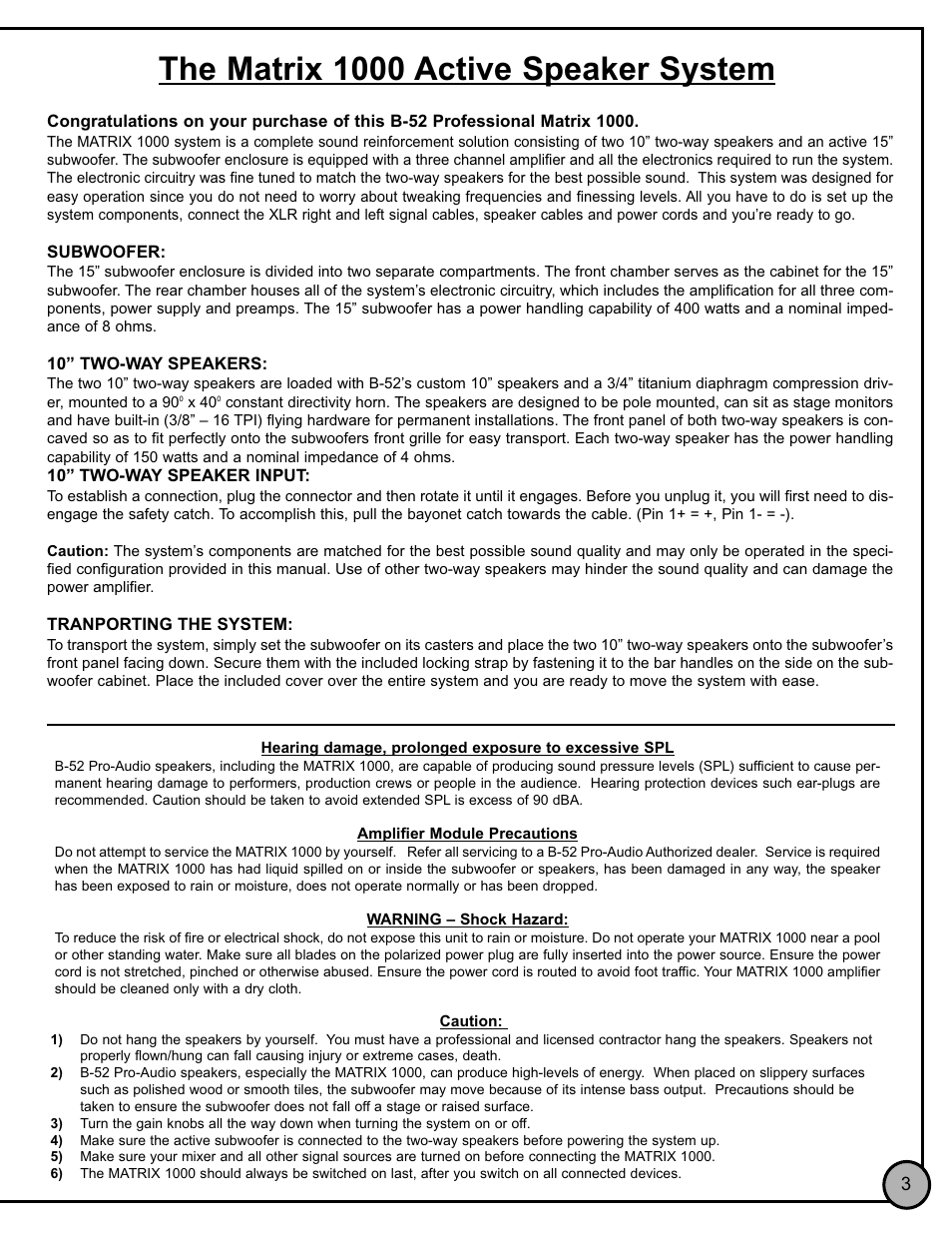 The matrix 1000 active speaker system | E.T.I. SOUND SYSTEMS B 52 L User Manual | Page 3 / 8