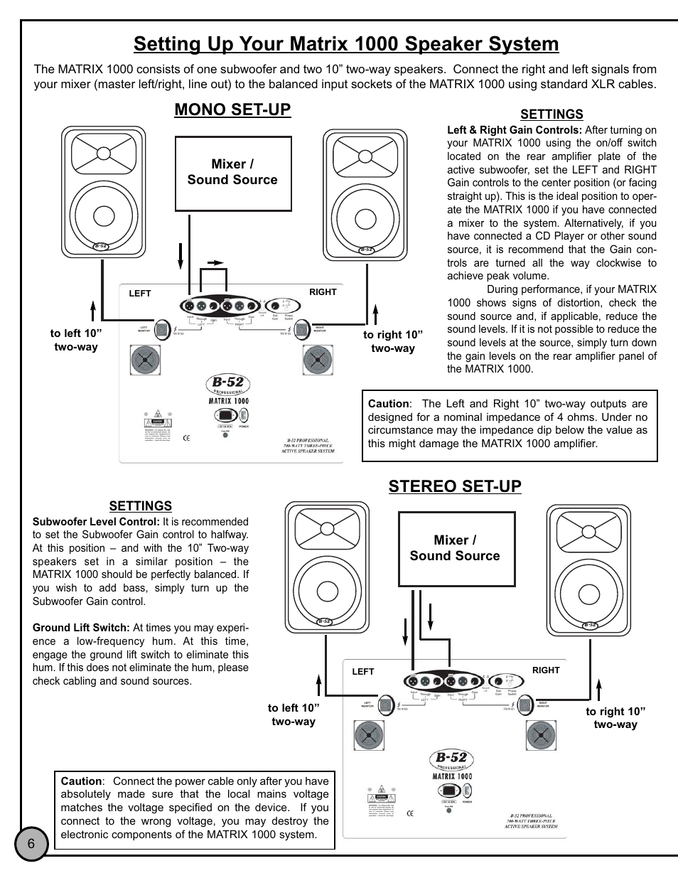 Setting up your matrix 1000 speaker system, Mono set-up, Stereo set-up | Mixer / sound source, Settings | E.T.I. SOUND SYSTEMS B 52 L User Manual | Page 6 / 8