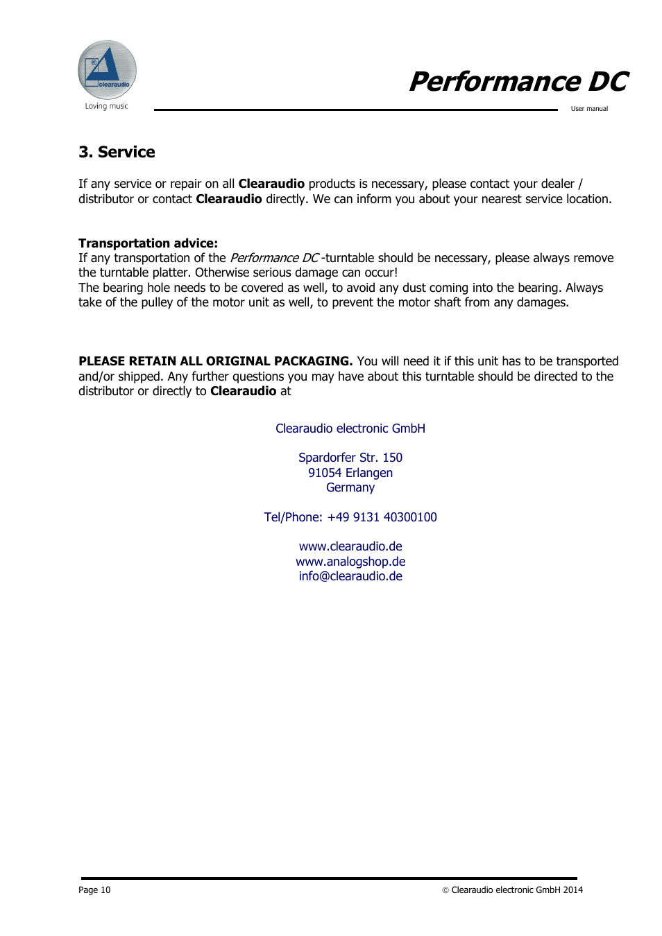Performance dc, Service | Clearaudio PERFORMANCE DC User Manual | Page 10 / 13