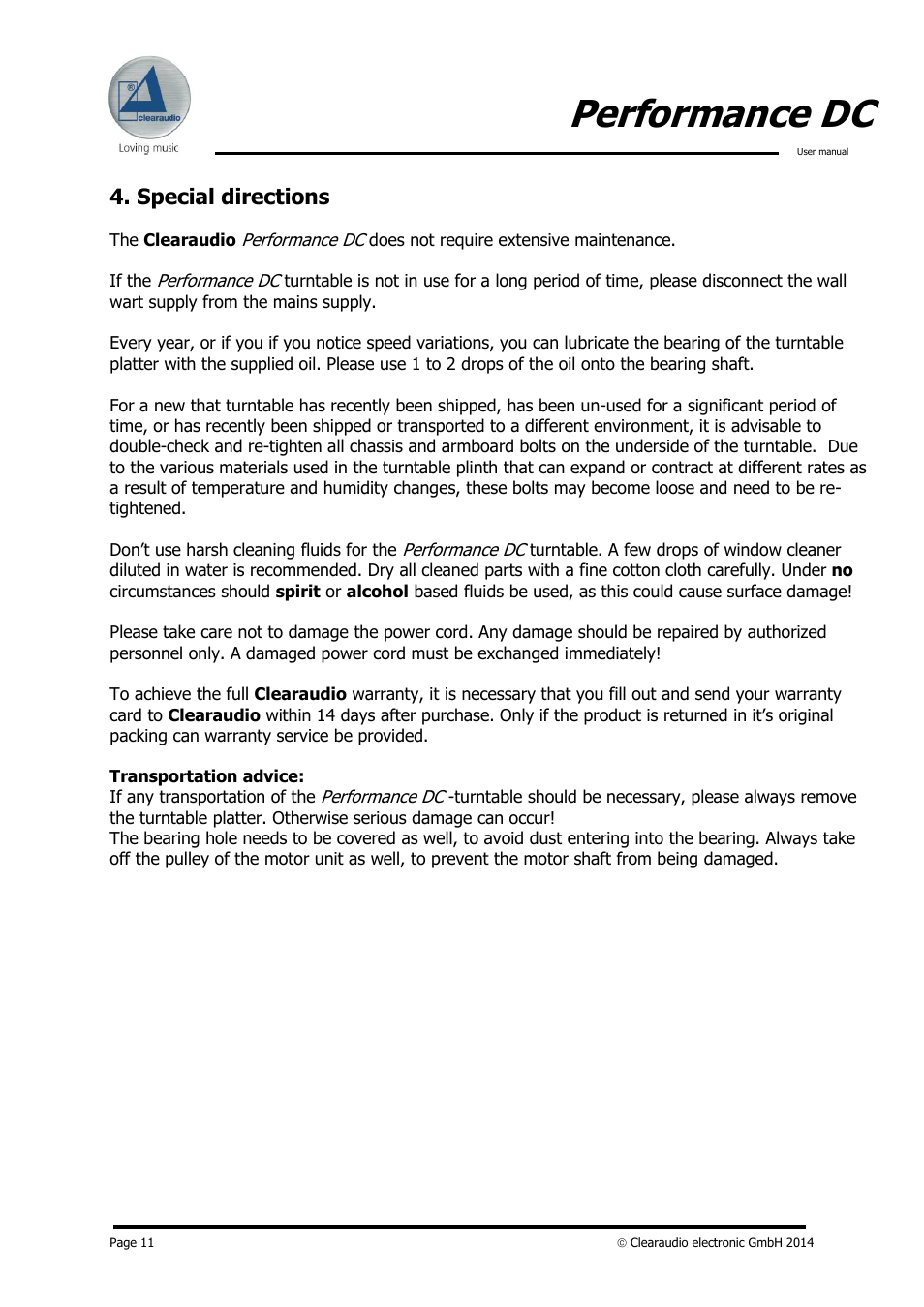 Performance dc, Special directions | Clearaudio PERFORMANCE DC User Manual | Page 11 / 13
