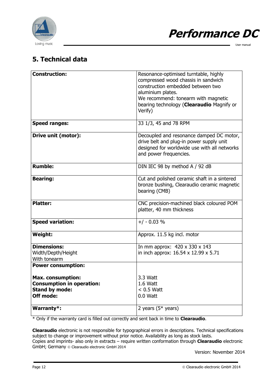 Performance dc, Technical data | Clearaudio PERFORMANCE DC User Manual | Page 12 / 13