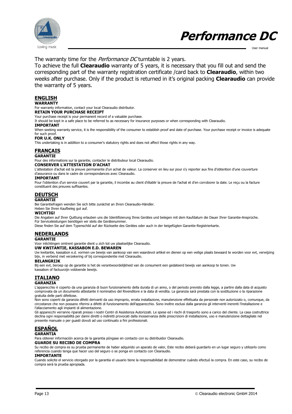 Performance dc, The warranty time for the | Clearaudio PERFORMANCE DC User Manual | Page 13 / 13