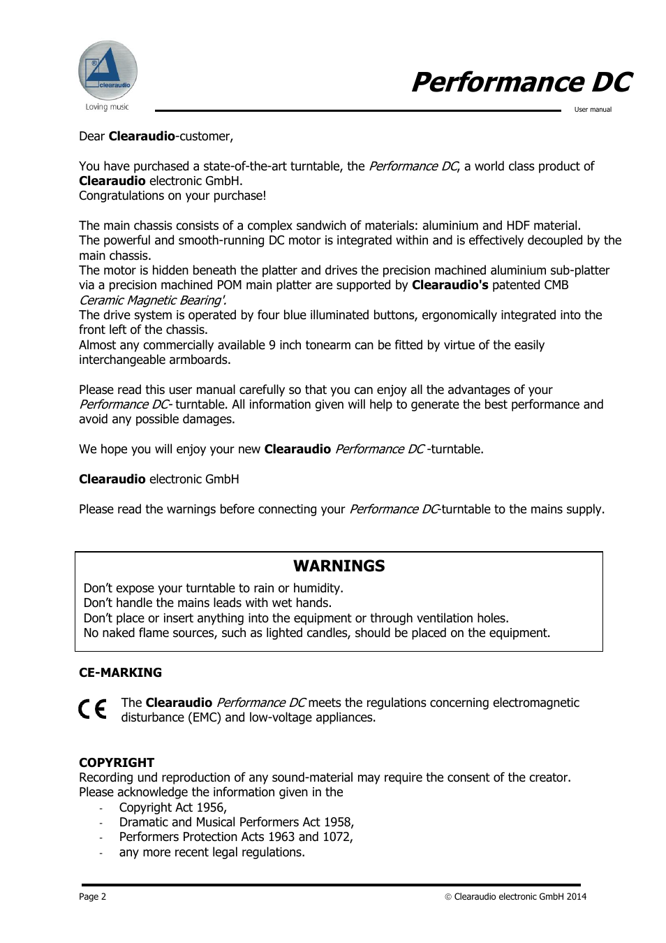 Performance dc, Warnings | Clearaudio PERFORMANCE DC User Manual | Page 2 / 13