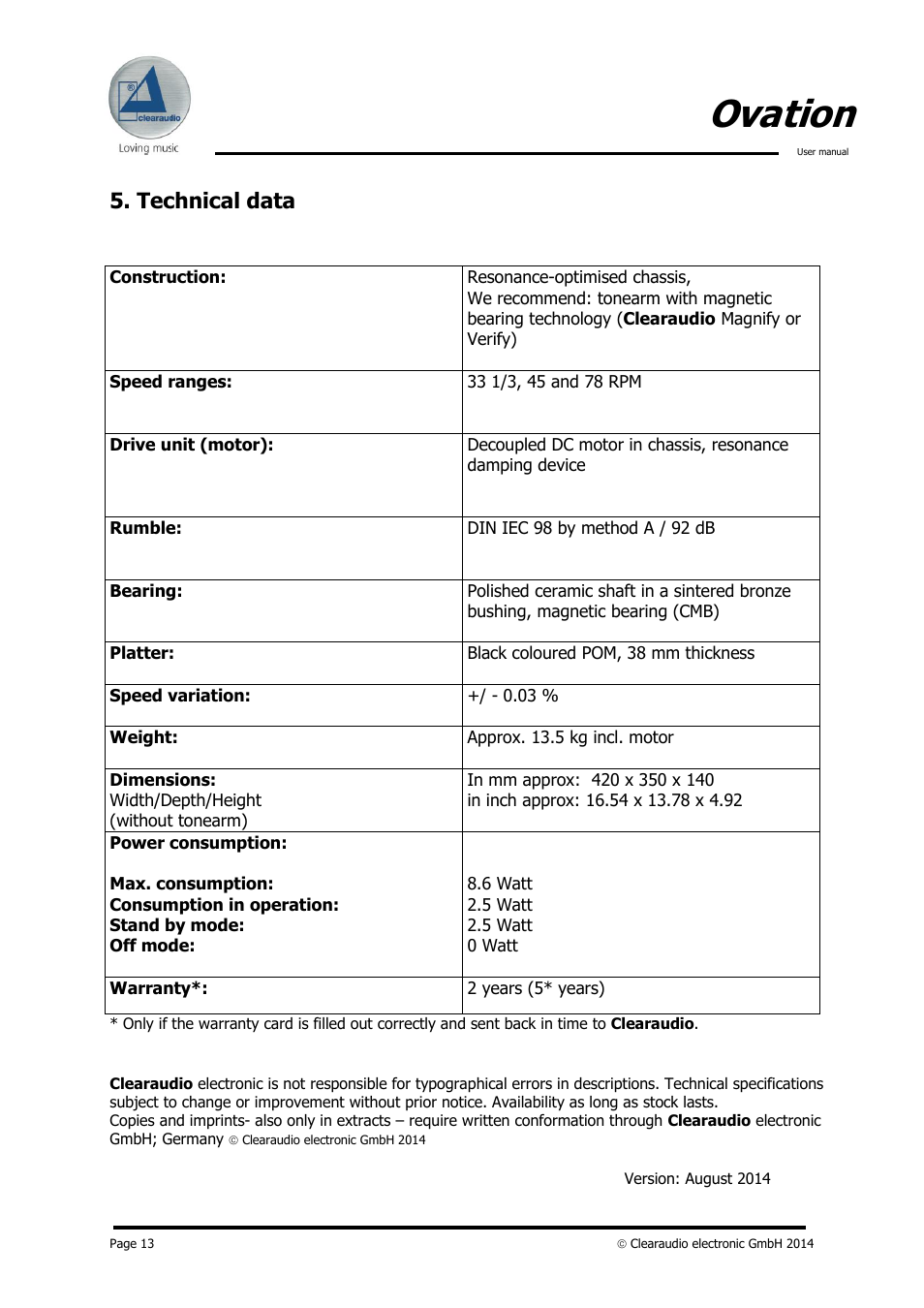 Ovation, Technical data | Clearaudio OVATION User Manual | Page 13 / 14