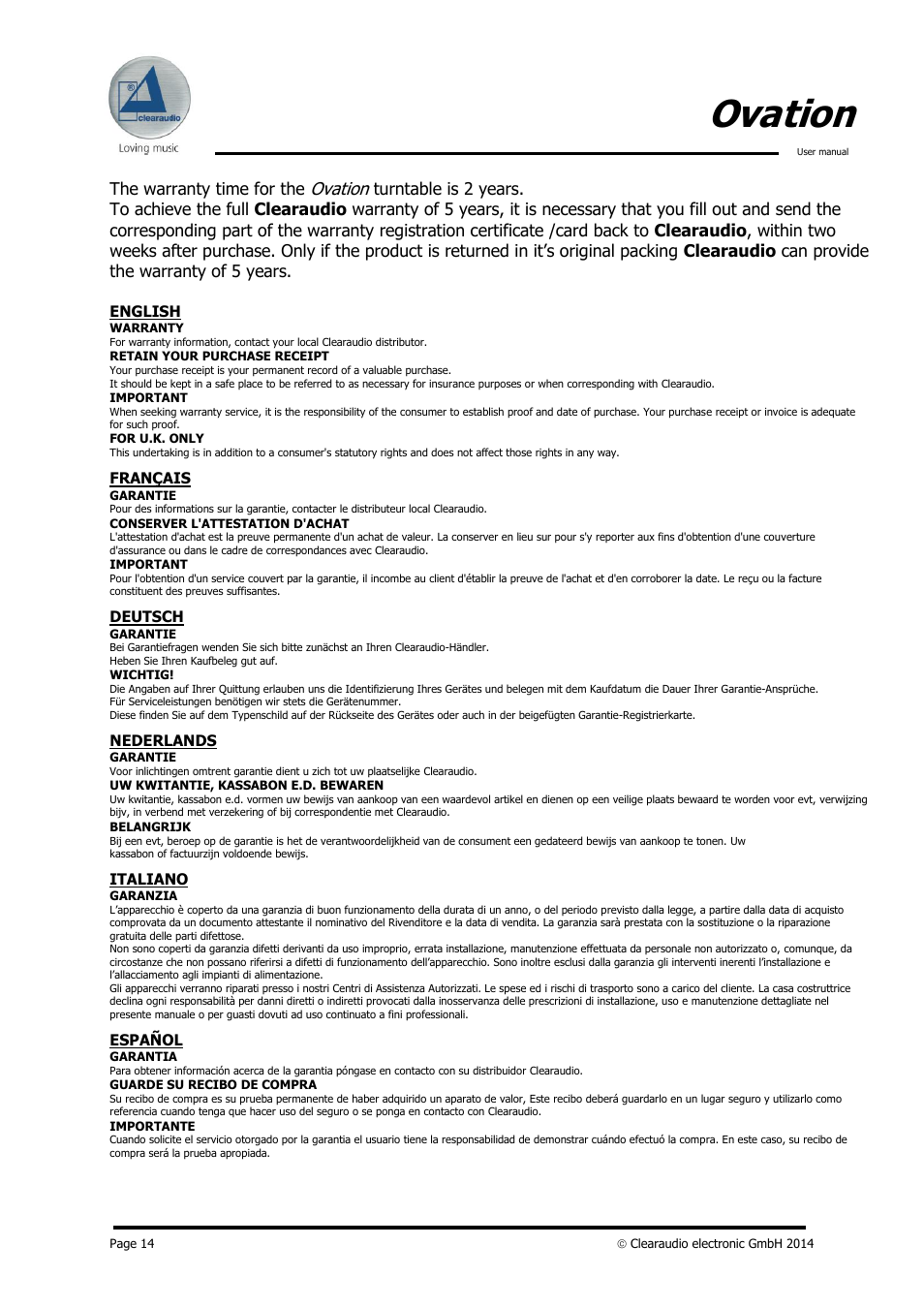 Ovation, The warranty time for the | Clearaudio OVATION User Manual | Page 14 / 14