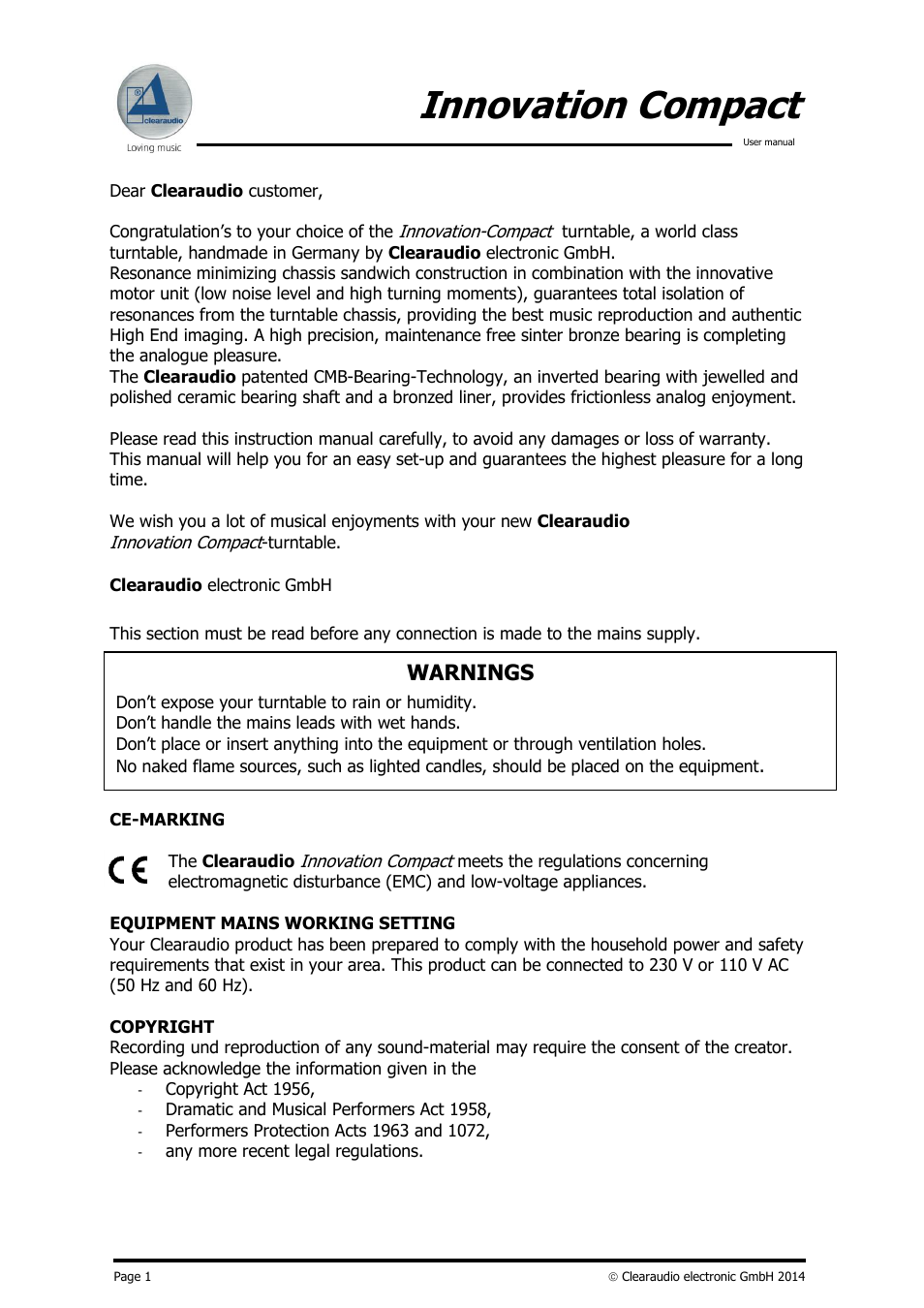 Innovation compact, Warnings | Clearaudio INNOVATION COMPACT User Manual | Page 2 / 14