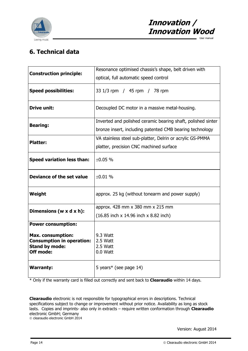 Innovation / innovation wood, Technical data | Clearaudio INNOVATION User Manual | Page 15 / 16