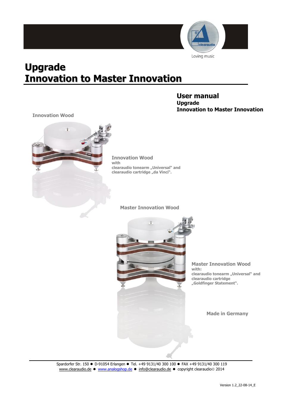 Clearaudio INNOVATION Upgrade to Master User Manual | 19 pages