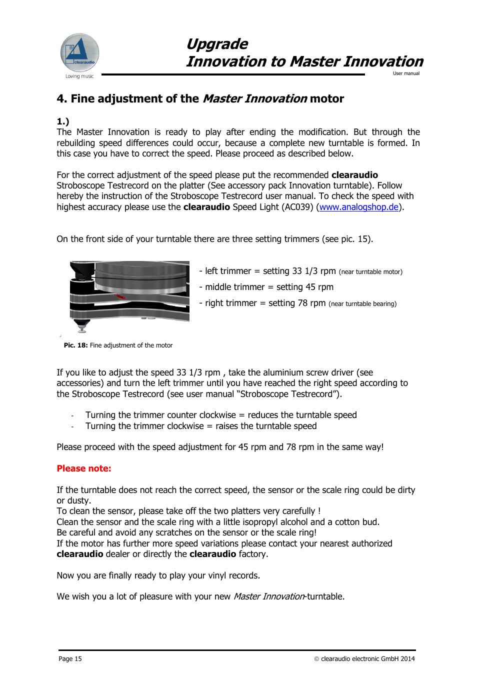 Upgrade innovation to master innovation, Master innovation, Fine adjustment of the | Motor | Clearaudio INNOVATION Upgrade to Master User Manual | Page 16 / 19